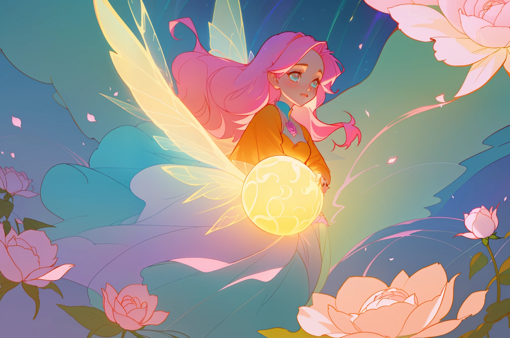 beautiful girl in flowing layered puff long sleeve ballgown, flower fairy, dress that looks like a flower or rose, rose, colorful flowers, inspired by Glen Keane, inspired by Lois van Baarle, disney art style, by Lois van Baarle, glowing aura around her, by Glen Keane, jen bartel, glowing lights! digital painting, flowing glowing hair, glowing flowing hair, beautiful digital illustration, fantasia otherworldly landscape plants flowers, beautiful, masterpiece, best quality, anime disney style, (sharp focus), intricate detail, fine detail, perfection, golden ratio, (fairy wings)