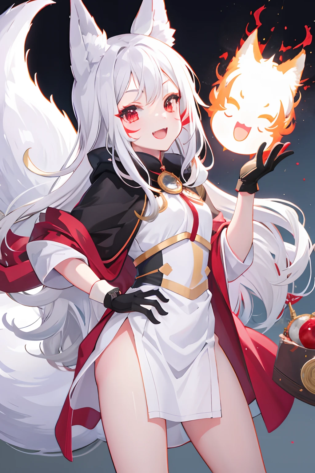 Masterpiece, best quality, perfect lighting, 1girl, solo, shiro, fox ears, fox tail, white hair, red eyes, red cheek stripes, cloak outfit, open mouth, smile, adorable looking,