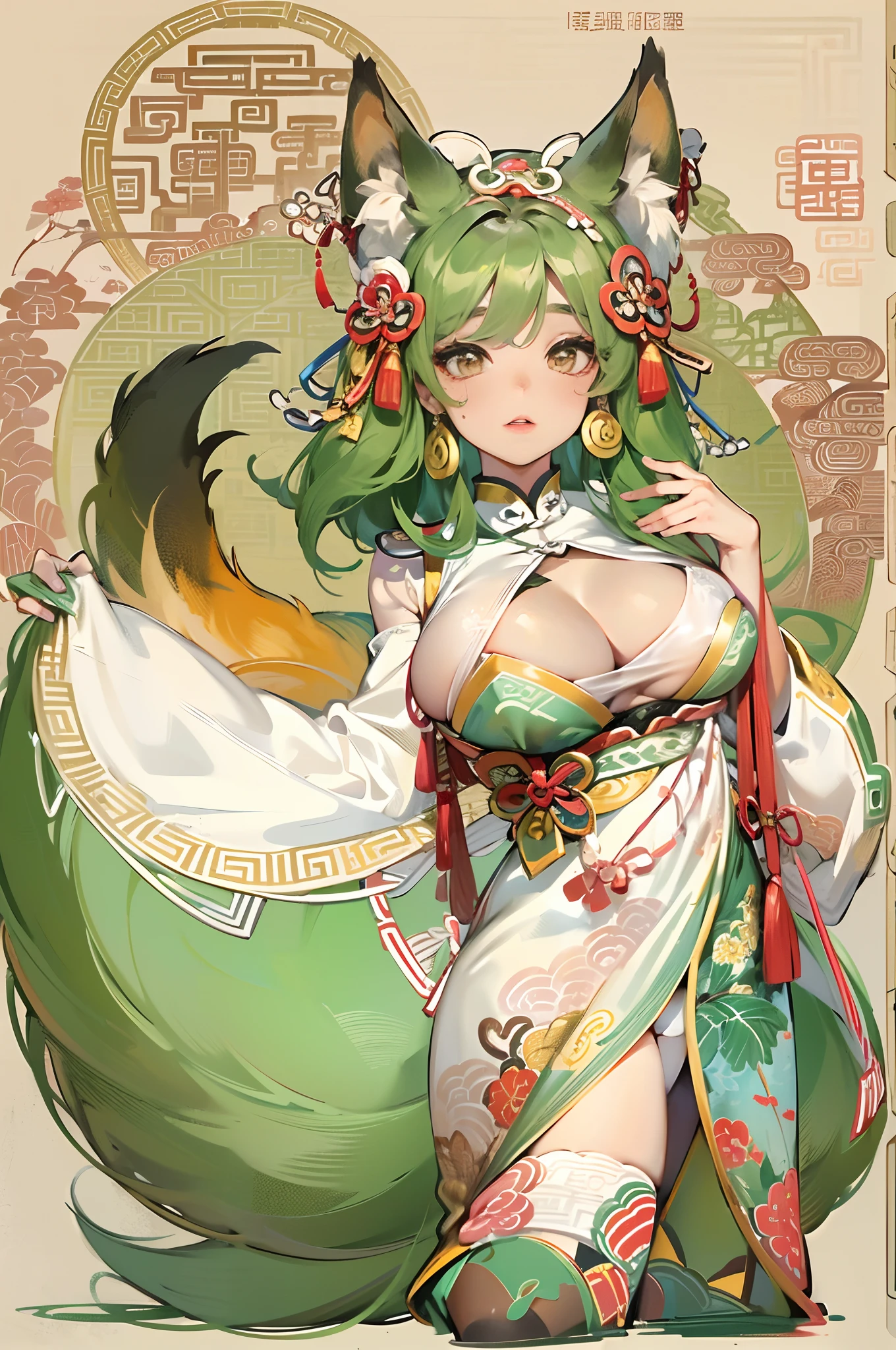 a beauty girl,Mature face,a matural female,Fluffy tail hair,Ultra-loose underwear,clothes slipping off,Anterior convex and posterior,Straight chest,Ruddy complexion,Huge fox tail,nabel,(huge tit),adventurer,tit,areola of breast,pantiess,Stockings,Human Services Group,((illustrated)),split,((Chinese tradition))