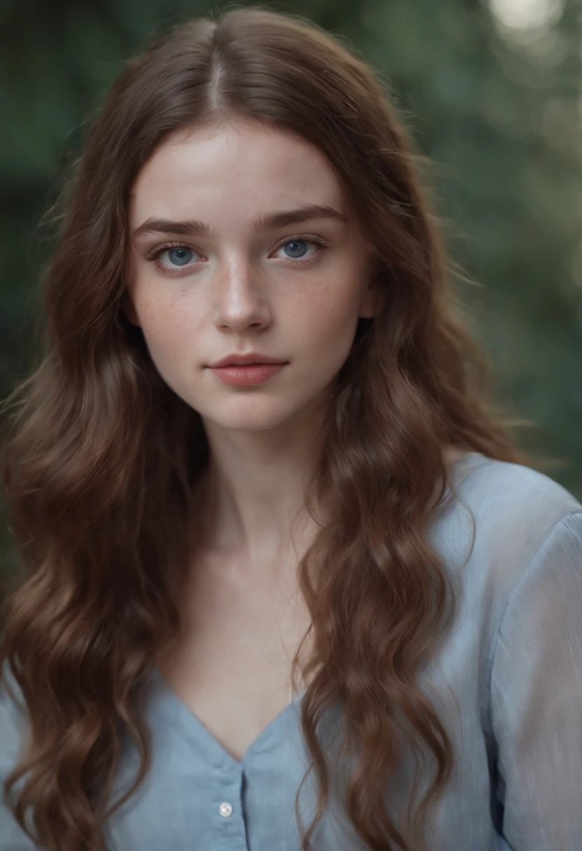Sexy age girl with French features, White skin with freckles on her face, Brown and wavy hair. With deep blue eyes.,8K.Full body. Standing (A hyper-realistic) (movie) (8K)