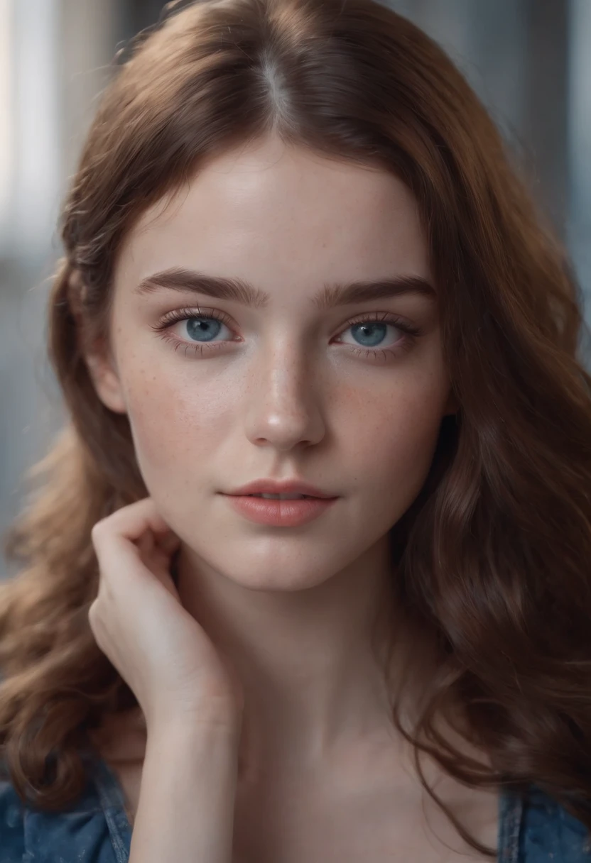 Sexy teenage girl with French features, White skin with freckles on her face, Brown and wavy hair. With deep blue eyes.,8K.Full body. Standing  (A hyper-realistic) (movie) (8K)