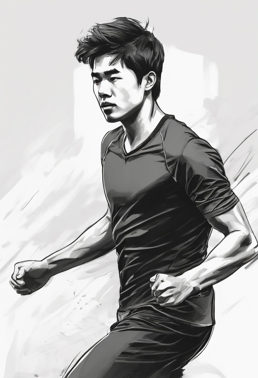 Line sketch silhouette sketch,Chinese handsome,Running stance,Black sports short sleeves,Black sports shorts,Full body sketches on the sides and back,Clean line art,+Expressive lines,In the expressive sketch painting style, hatching, Black and white sketch, handpainted, Linear style::Sketch note style sketch