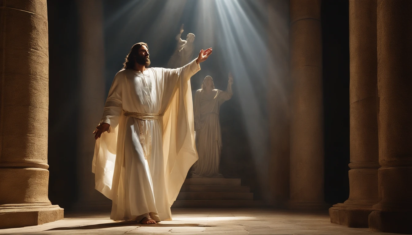 Batalha de Luz e Trevas. In this dynamic art, Jesus Cristo, in its iconic appearance, confronta com a imagem do Diabo emergindo das profundezas das trevas. The contrast between their appearances is striking: Jesus em seu manto branco, emanando luz pura, e o Diabo em um manto preto encapuzado, with sharp horns sticking out of his head. The scene is full of tension and energy as their gazes close, simbolizando a eterna luta entre o bem e o mal.