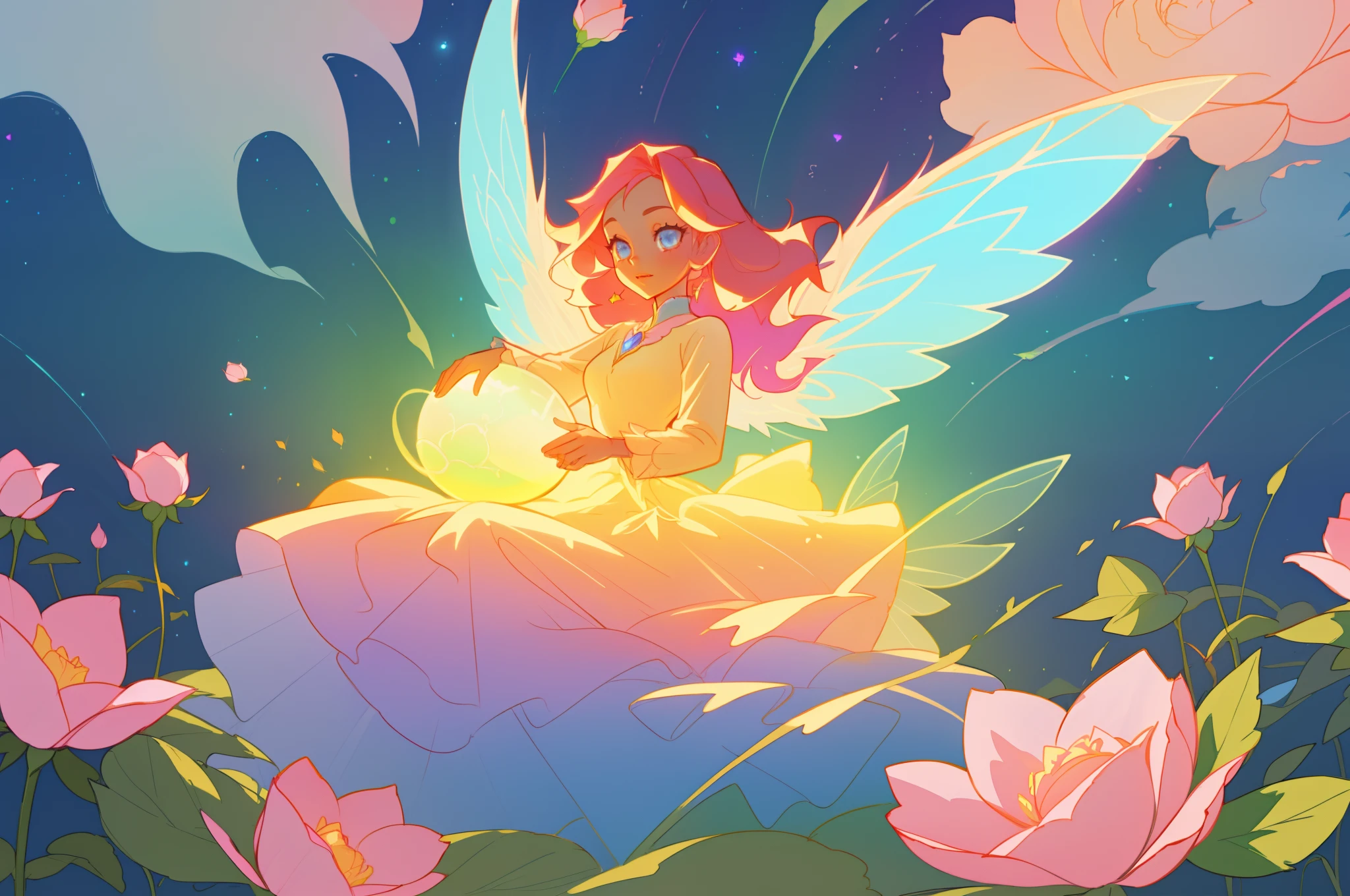 beautiful girl in flowing layered puff long sleeve ballgown, flower fairy, dress that looks like a flower or rose, rose, colorful flowers, inspired by Glen Keane, inspired by Lois van Baarle, disney art style, by Lois van Baarle, glowing aura around her, by Glen Keane, jen bartel, glowing lights! digital painting, flowing glowing hair, glowing flowing hair, beautiful digital illustration, fantasia otherworldly landscape plants flowers, beautiful, masterpiece, best quality, anime disney style, (sharp focus), intricate detail, fine detail, perfection, golden ratio, (fairy wings)