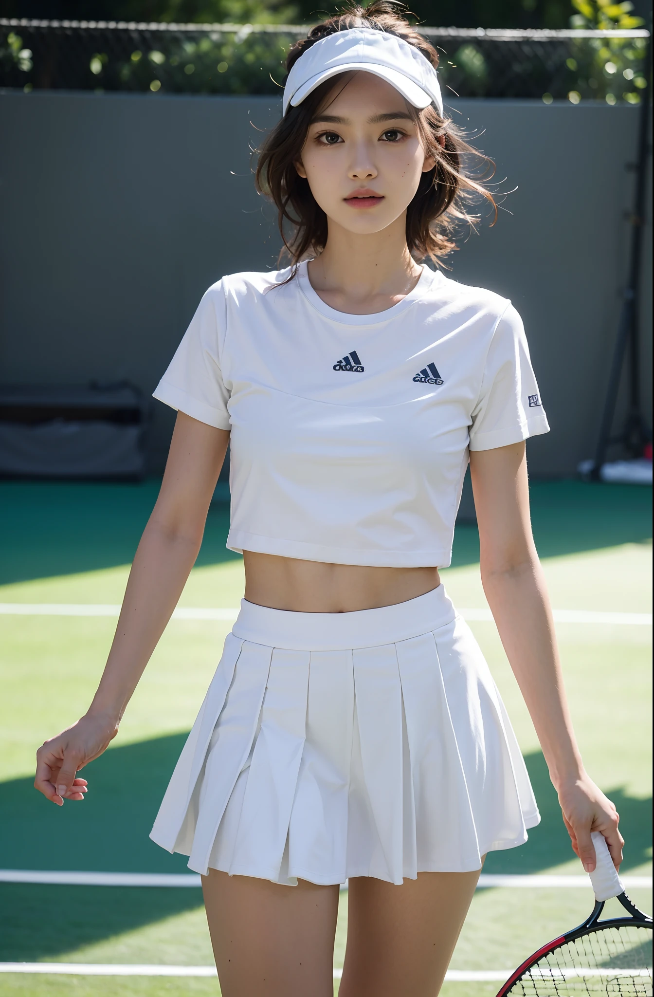 Indoor tennis,fully body photo,Face front,looks into camera,-yeld giDelicate facial features,long leges,Juvenile,White T-shirt,White transparent miniskirt,ssee-through,cleanness,k hd,Chasing the light,Contre-Jour,Shiny hair,A masterpiece,Excellent portrait,8K,HighestQuali,