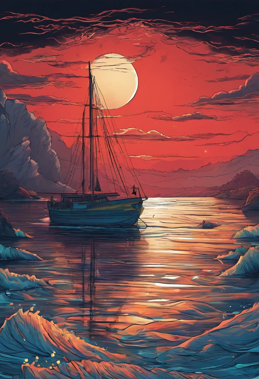 Bright moon on the sea，Red sailboat，Sea fog，Large fish loom in the water