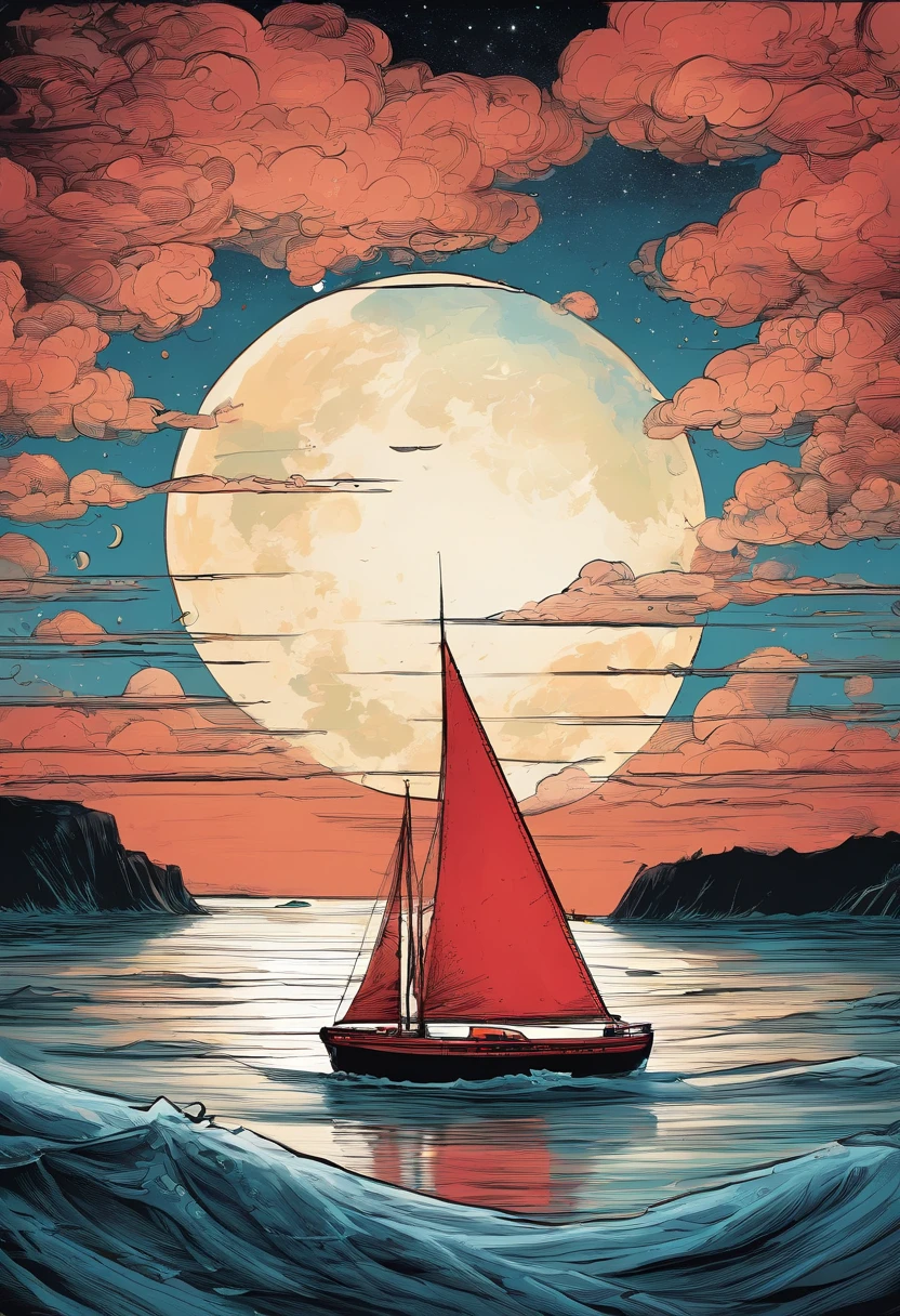 Bright moon on the sea，Red sailboat，Sea fog，Large fish loom in the water