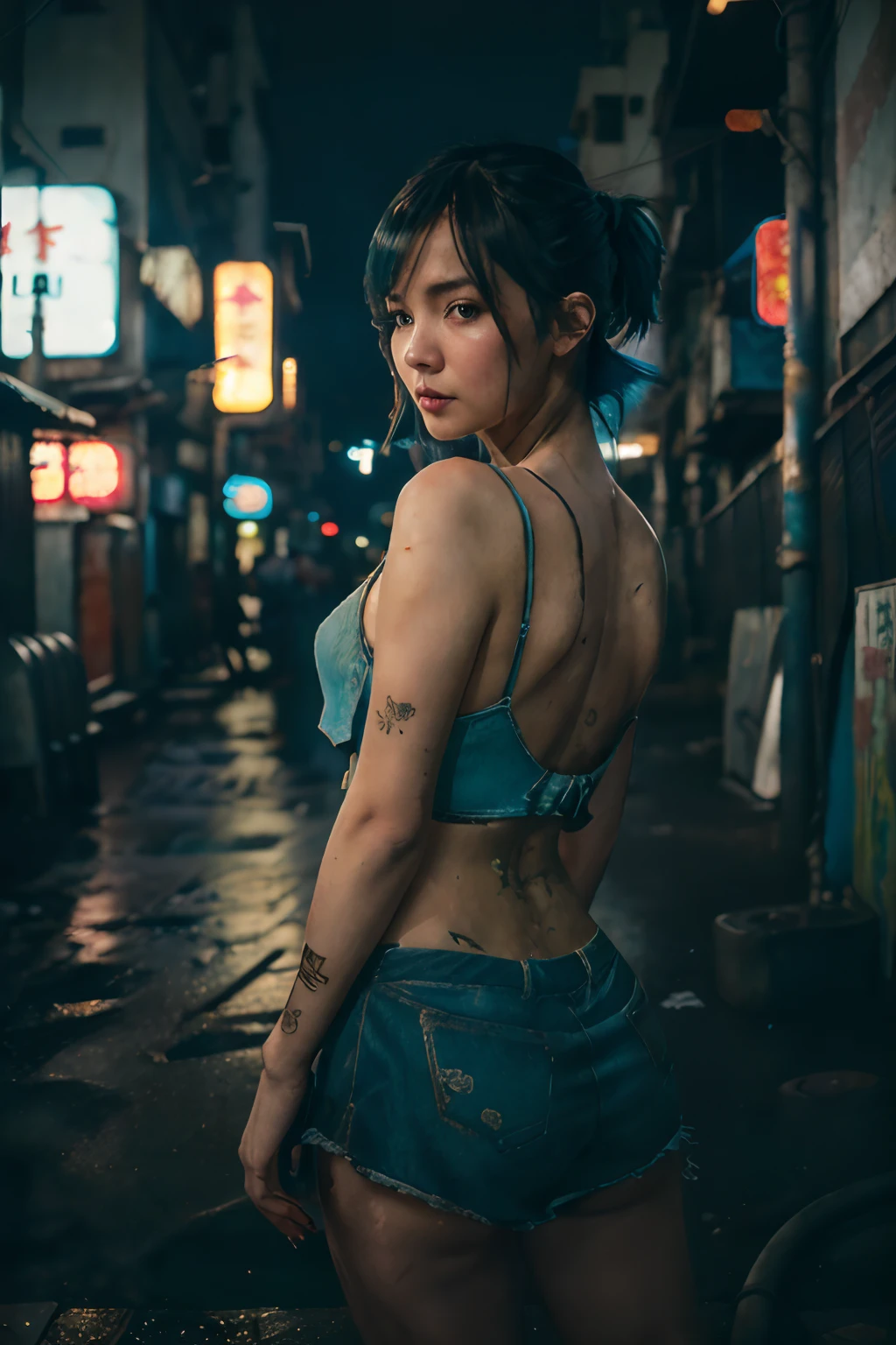 (8k, ARTISTIC photography, best quality, masterpiece: 1.2) Kowloon City、Back alley、(dirty ground)、((Delicate depiction))、pipes、duct、electric wires、Neon signs、plein air, tag, simple background, blue open sky, shorth hair, one girls、((a cute girl))、Skysky, looking at the viewers, stairway, Moody lighting,