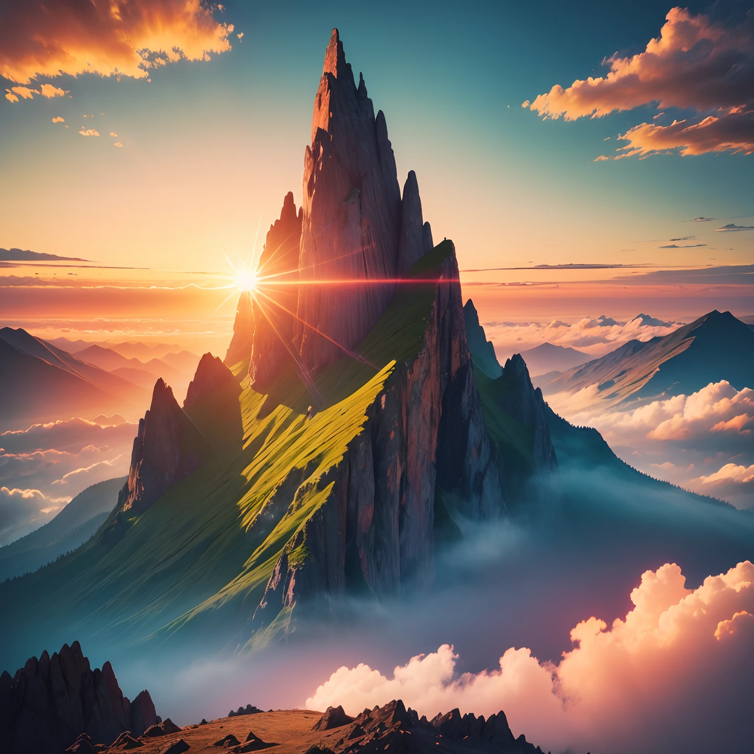 Early in the morning Sunrise, sun, super rich color, super details, mountain, cloud, green lend, UHD