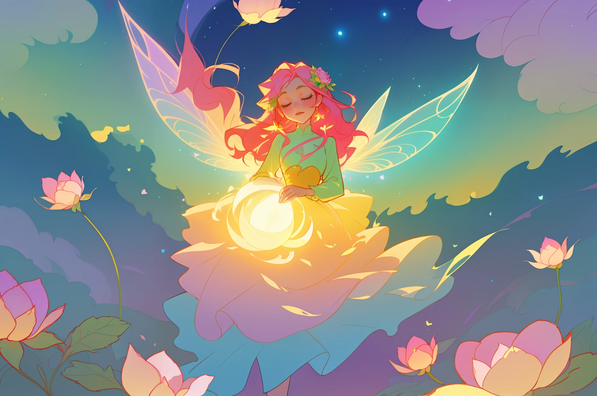 beautiful girl in flowing layered puff long sleeve ballgown, flower fairy, dress that looks like a flower or rose, rose, colorful flowers, inspired by Glen Keane, inspired by Lois van Baarle, disney art style, by Lois van Baarle, glowing aura around her, by Glen Keane, jen bartel, glowing lights! digital painting, flowing glowing hair, glowing flowing hair, beautiful digital illustration, fantasia otherworldly landscape plants flowers, beautiful, masterpiece, best quality, anime disney style, (sharp focus), intricate detail, fine detail, perfection, golden ratio, (fairy wings)