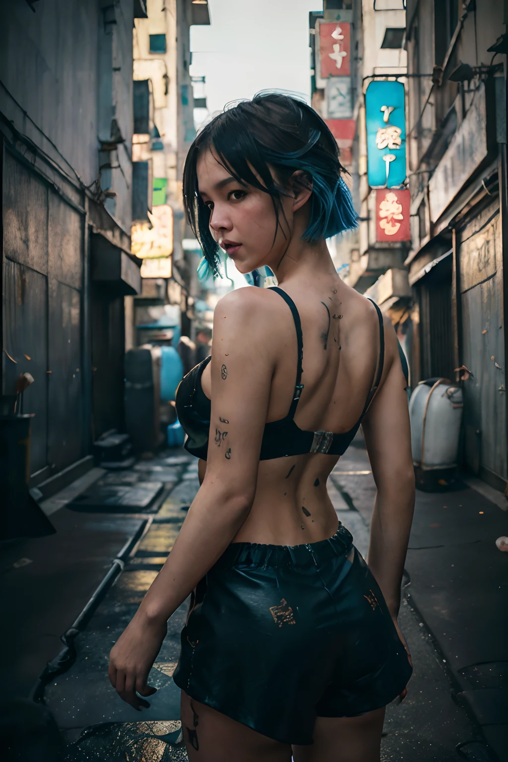 (8k, ARTISTIC photography, best quality, masterpiece: 1.2) Kowloon City、Back alley、(dirty ground)、((Delicate depiction))、pipes、duct、electric wires、Neon signs、plein air, tag, simple background, blue open sky, shorth hair, one girls、((a cute girl))、Skysky, looking at the viewers, stairway, Moody lighting,