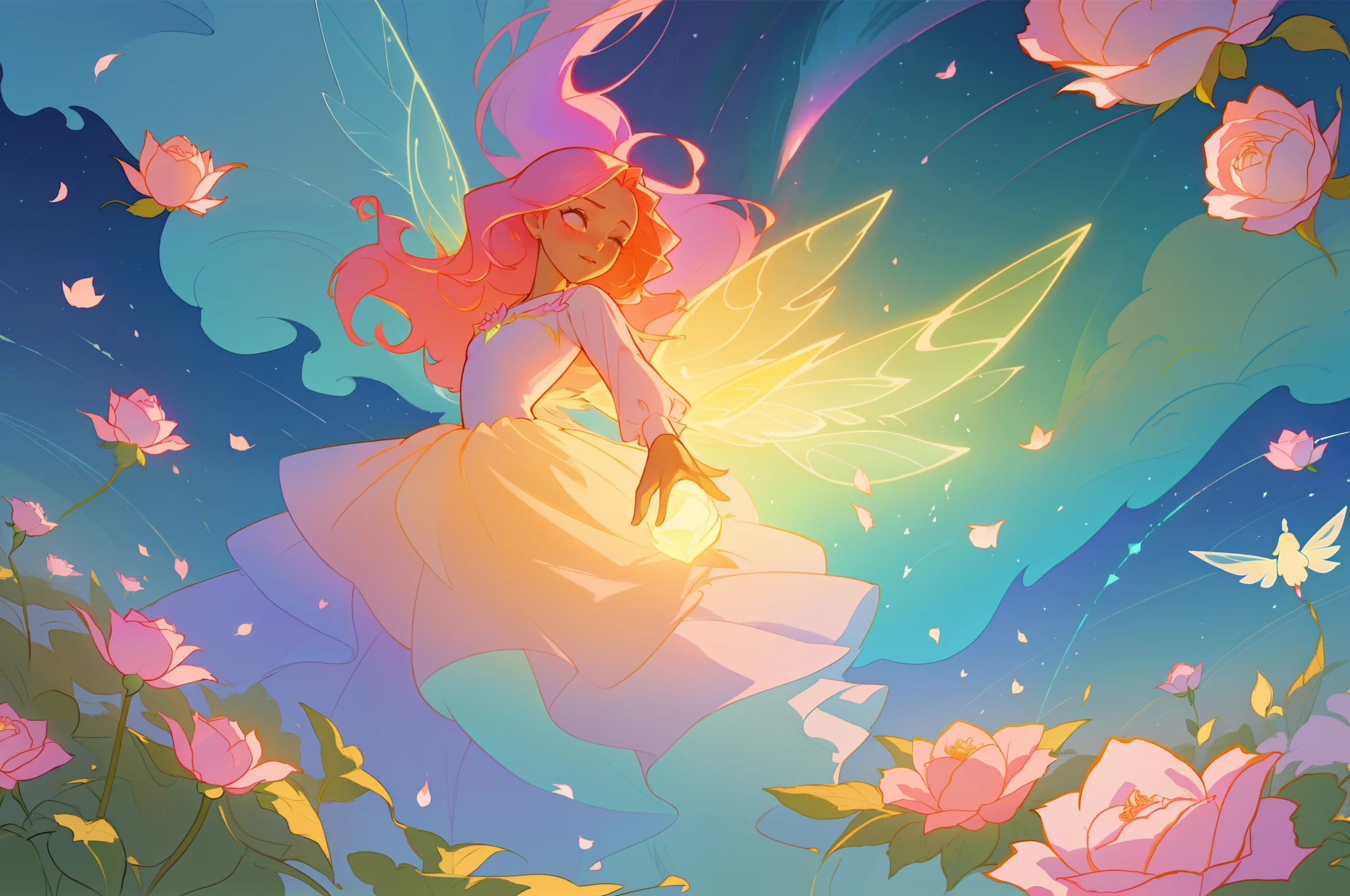 beautiful girl in flowing layered puff long sleeve ballgown, flower fairy, dress that looks like a flower or rose, rose, colorful flowers, inspired by Glen Keane, inspired by Lois van Baarle, disney art style, by Lois van Baarle, glowing aura around her, by Glen Keane, jen bartel, glowing lights! digital painting, flowing glowing hair, glowing flowing hair, beautiful digital illustration, fantasia otherworldly landscape plants flowers, beautiful, masterpiece, best quality, anime disney style, (sharp focus), intricate detail, fine detail, perfection, golden ratio, (fairy wings)
