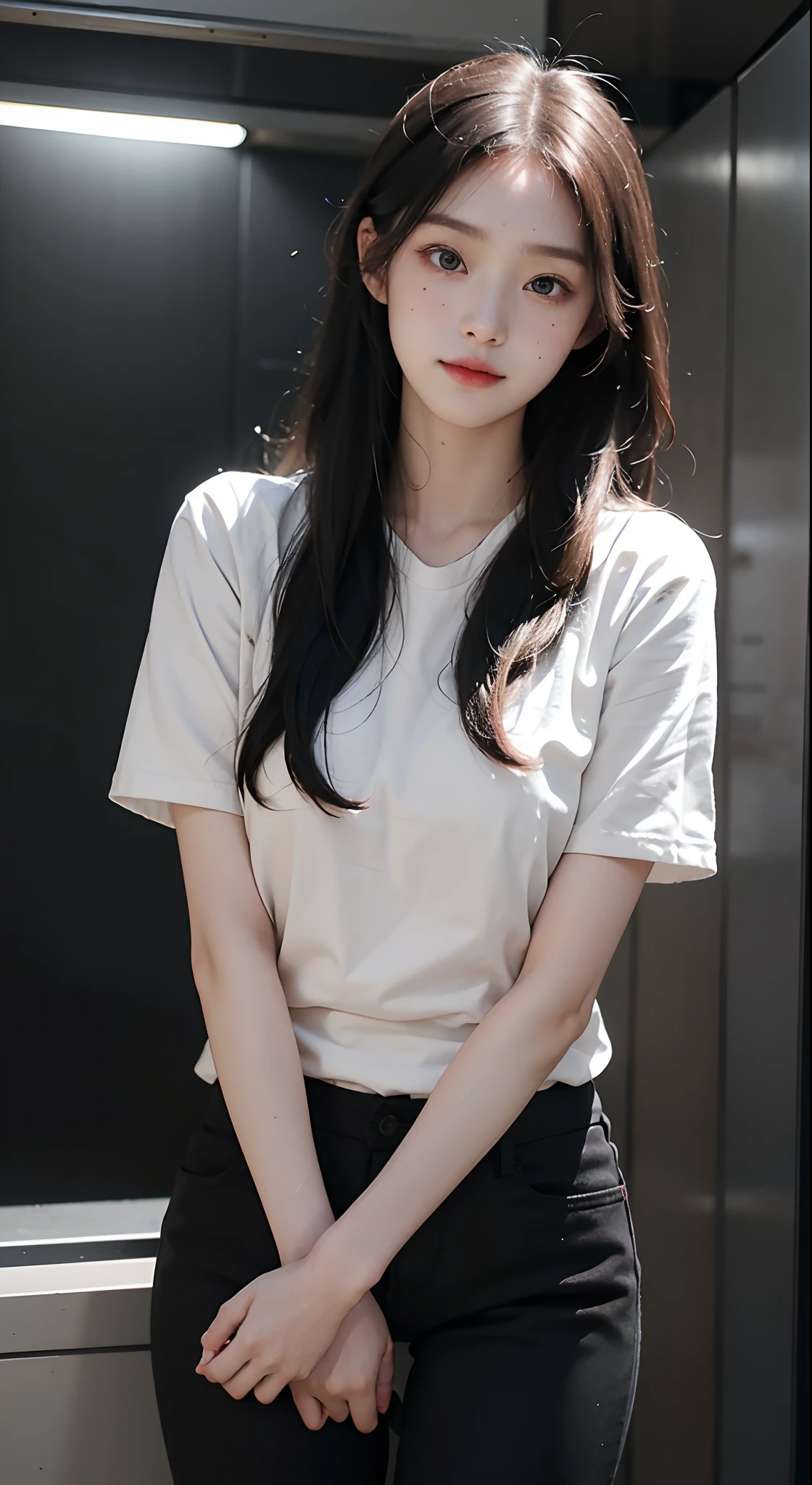 RAW photo, Dynamic Angle, Highly detailed, Soft light, 1girll, ((Sweaty):1.1), Pale skin, Korean, , cold smile, Black shirt, Black pants, Long black hair, Bright red eyes, freckle, headtilt, When the elevator, Inside the elevator, 8K, Masterpiece