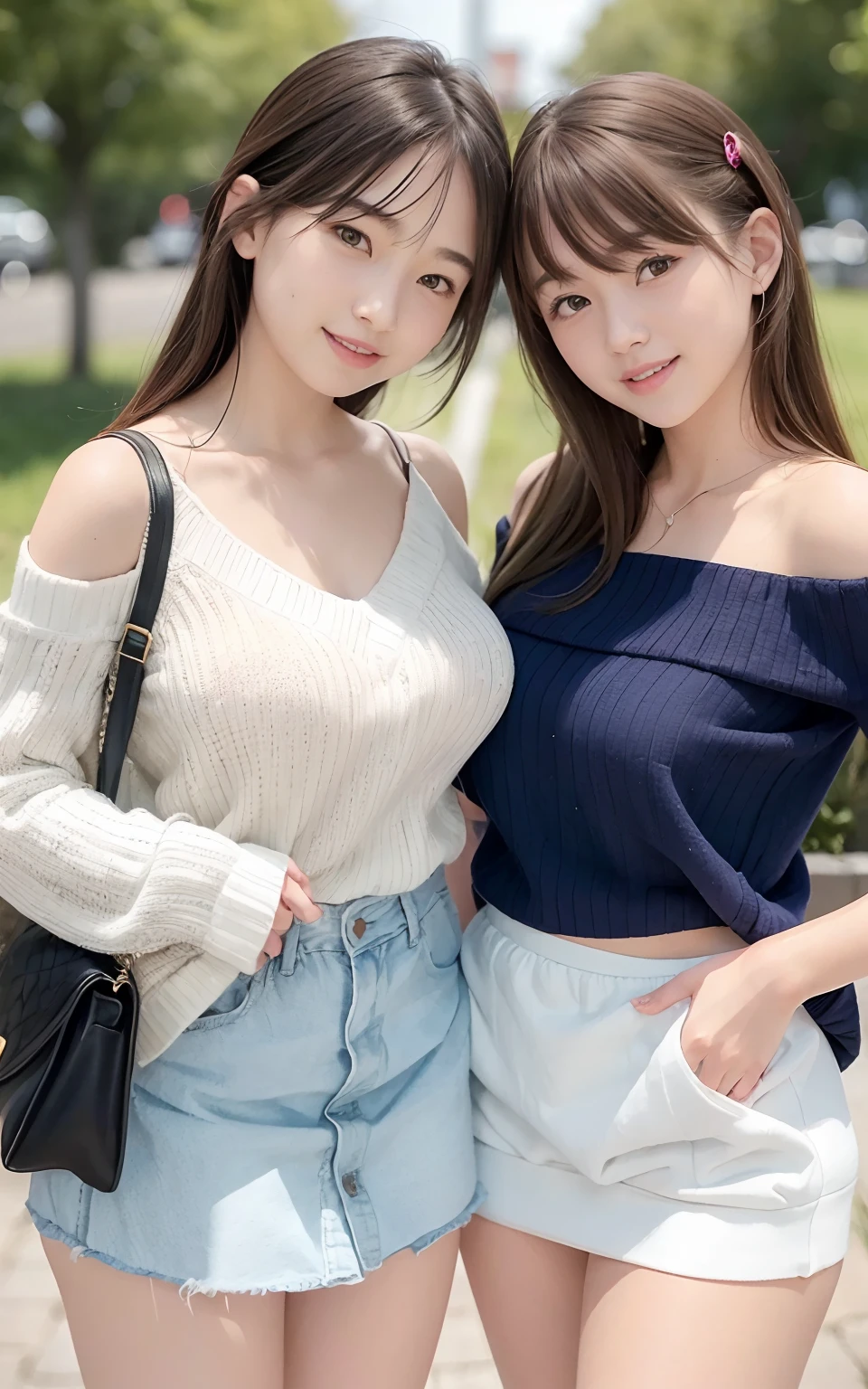 (2 girls of the same age:1.2) , couple focus, Adorable, 17 age, Upper body, japanaese girl, Stand next to each other ,  Off-the-shoulder summer sweater  , Skirt,  (Smile), hair scrunchie,  (High color saturation:1), Best Quality, 超A high resolution, photographrealistic, ultra-detailliert, 8K, Raw photo, (Breast),(skirt rift:1.0)