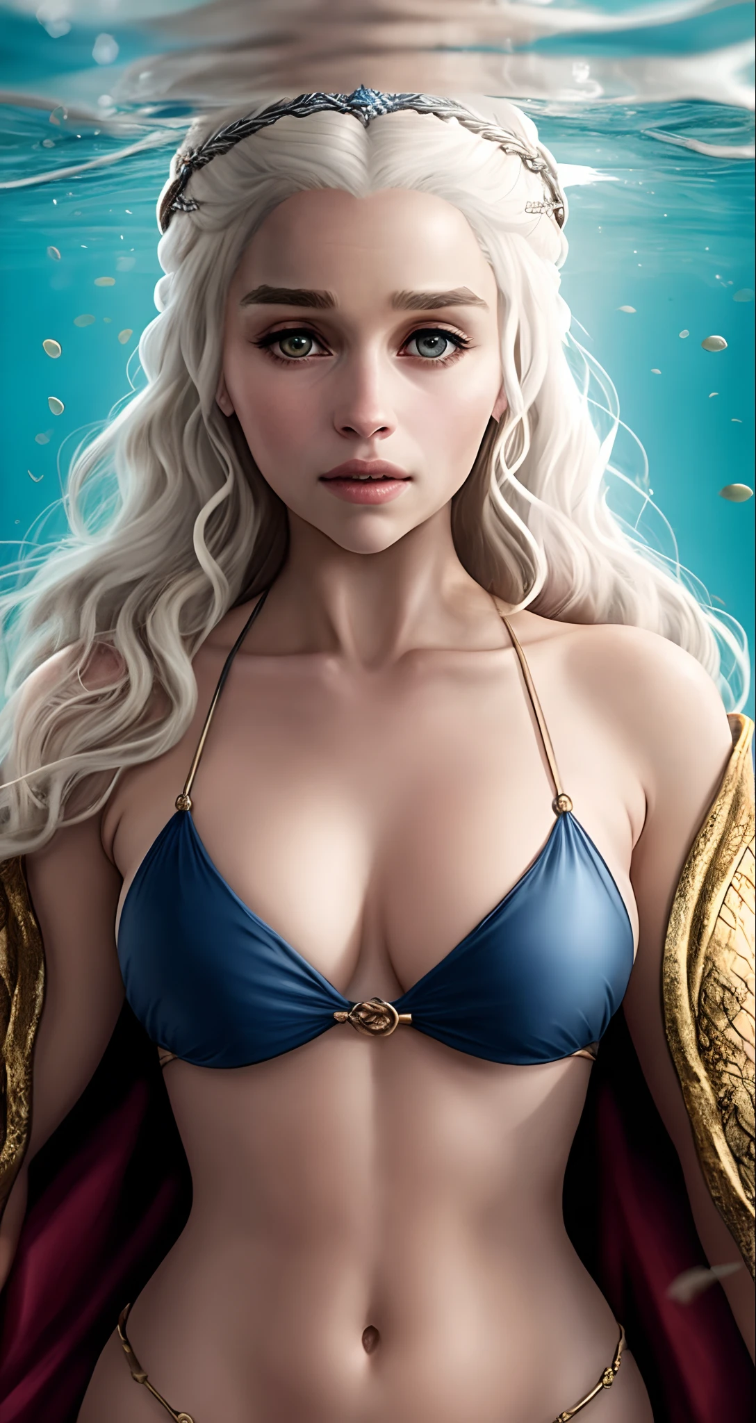 Portrait, hyper-detailed image of ((DAENERYS TARGARYEN)), golden brown skin, Emilia Clarke, underwater, enameled swim wear, determined expression, life imitating art, game of thrones, floating dragon egg, 8k,