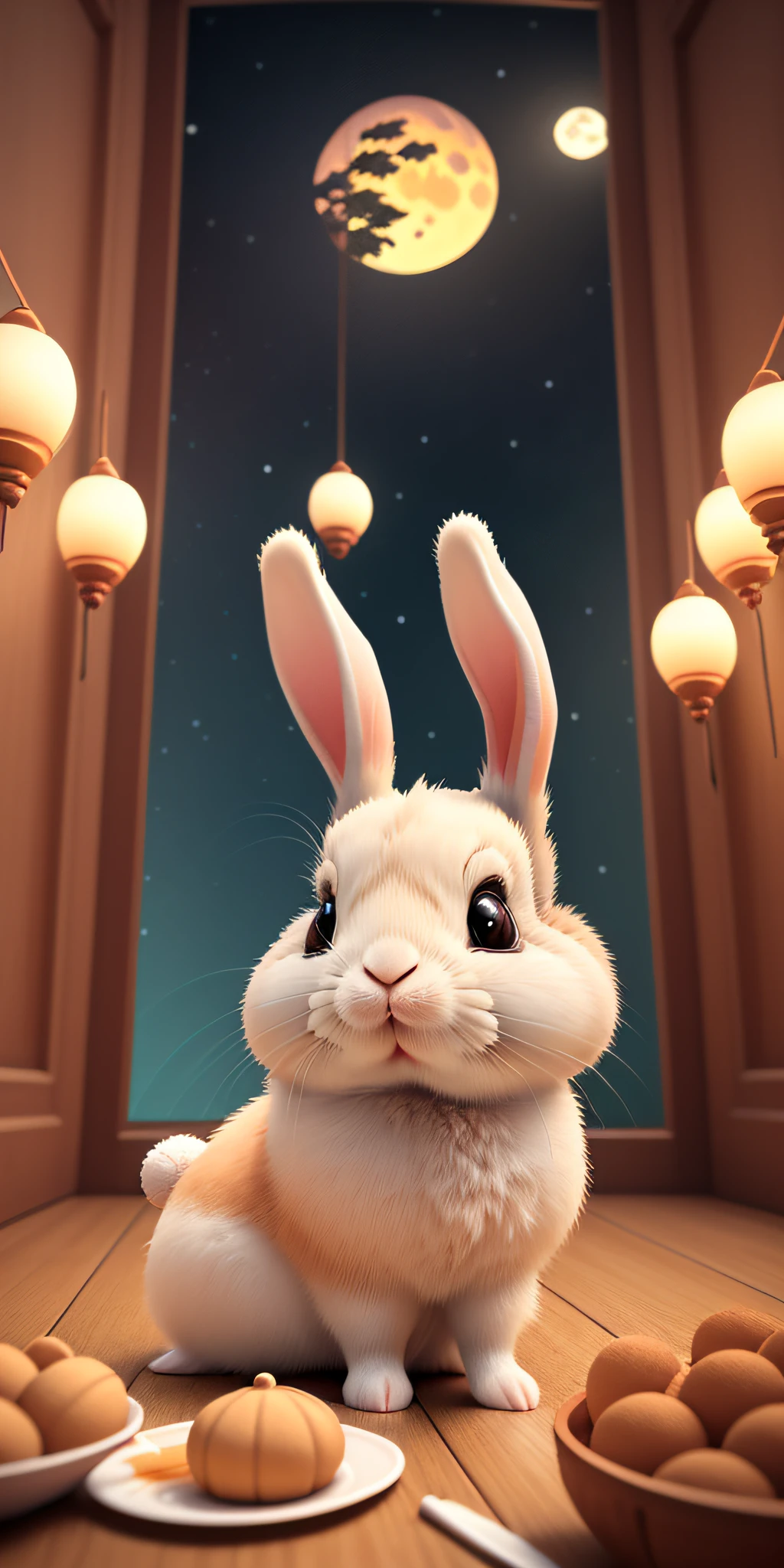 Create a cute and bright cartoon illustration for a Mid-Autumn Festival celebration featuring adorable rabbits.3D art, fine details, rich colors, clay texture, pastel lighting, low angle shot, OC renderer, C4D, best quality, 8K