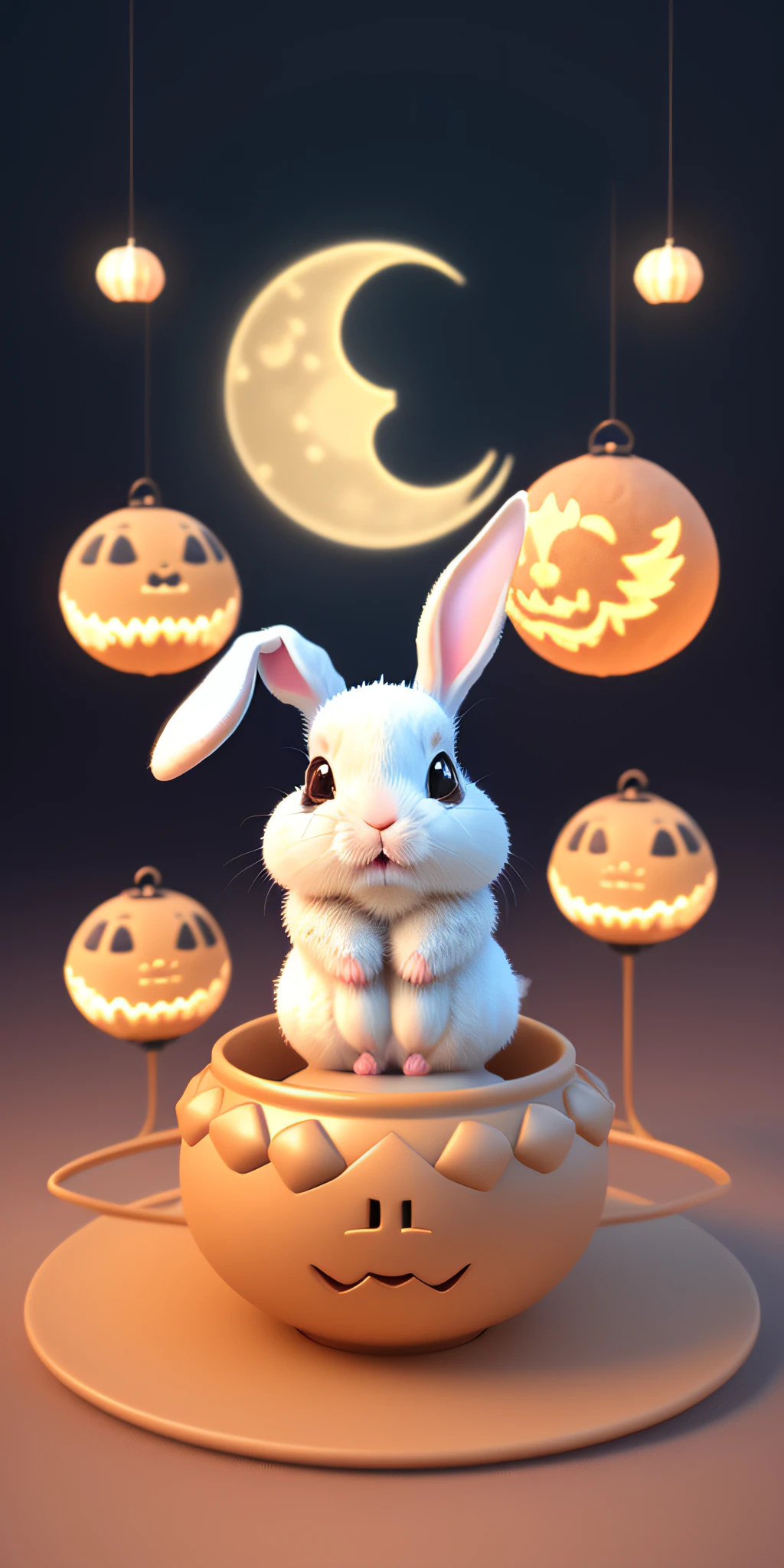 Create a cute and bright cartoon illustration for a Mid-Autumn Festival celebration featuring adorable rabbits.3D art, fine details, rich colors, clay texture, pastel lighting, low angle shot, OC renderer, C4D, best quality, 8K