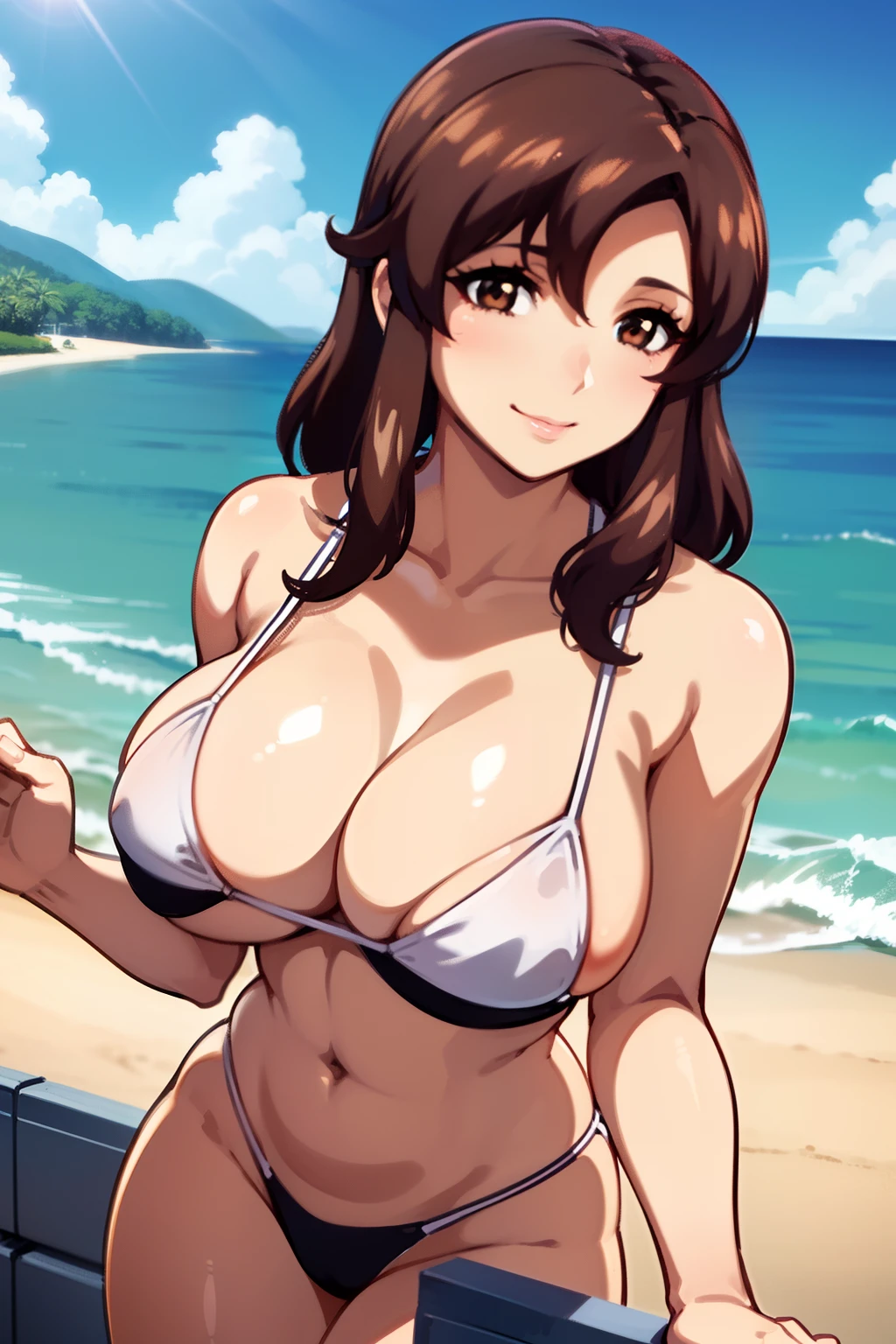 1womanl, A MILF, dark brown hair, kindly smile, large full breasts, cleavage, White micro bikini, upper body, (Composition from the front:1.5), sunshine, Beach