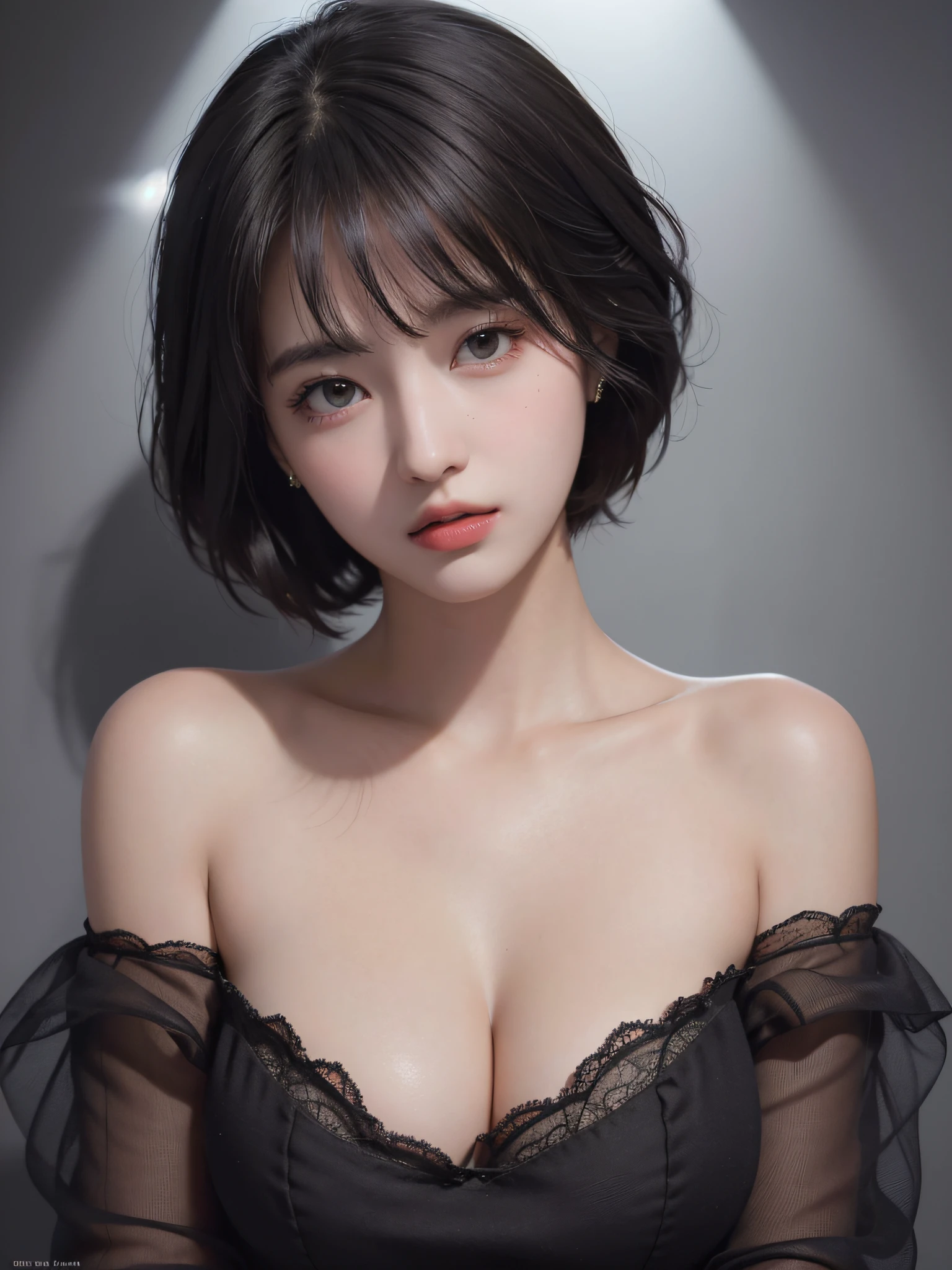 Best quality, masterpiece, ultra high res, (photorealistic:1.5), raw photo, 1girl, offshoulder, in the dark, deep shadow, low key, cold light, sexy look, short hair