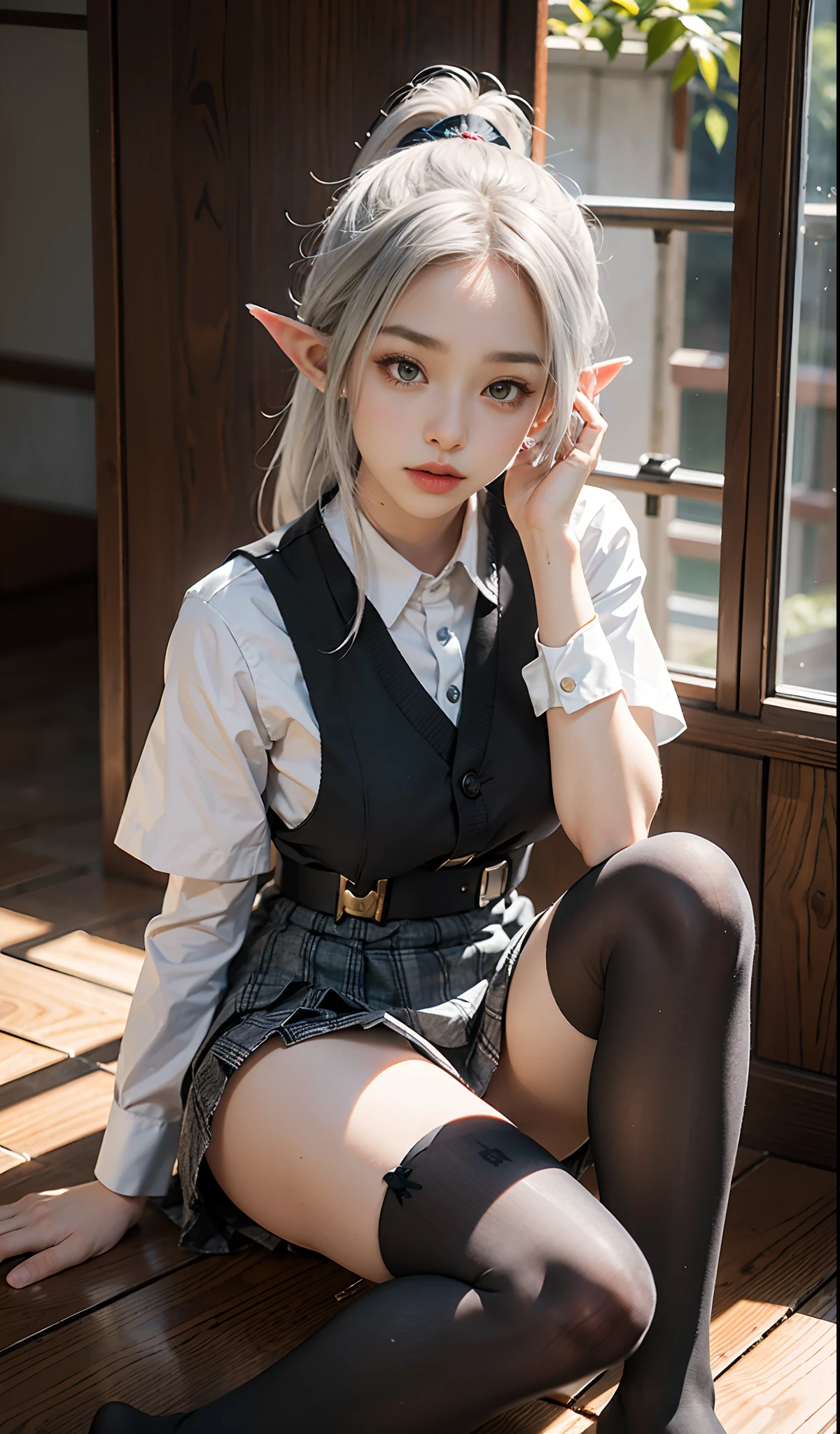（Extremely normal body）Japanese-style town：1 Elf beauty，JK school uniform，(Elf long ears)，Short silver-white hair，Half-tied ponytail。Uniform for female high school students)，Short plaid skirt，Stretch your feet，Black short stockings，Black socks, Black socks，Translucent black socks，Jade foot，soles of feet，Normal feet ， very detailed eyes and faces， Sharp pupils， realistic pupil， tack sharp focus， cinmatic lighting，full bodyesbian，Bigboobs，long leges，From the front side，dynamicposes，Normal posture，closeup of face