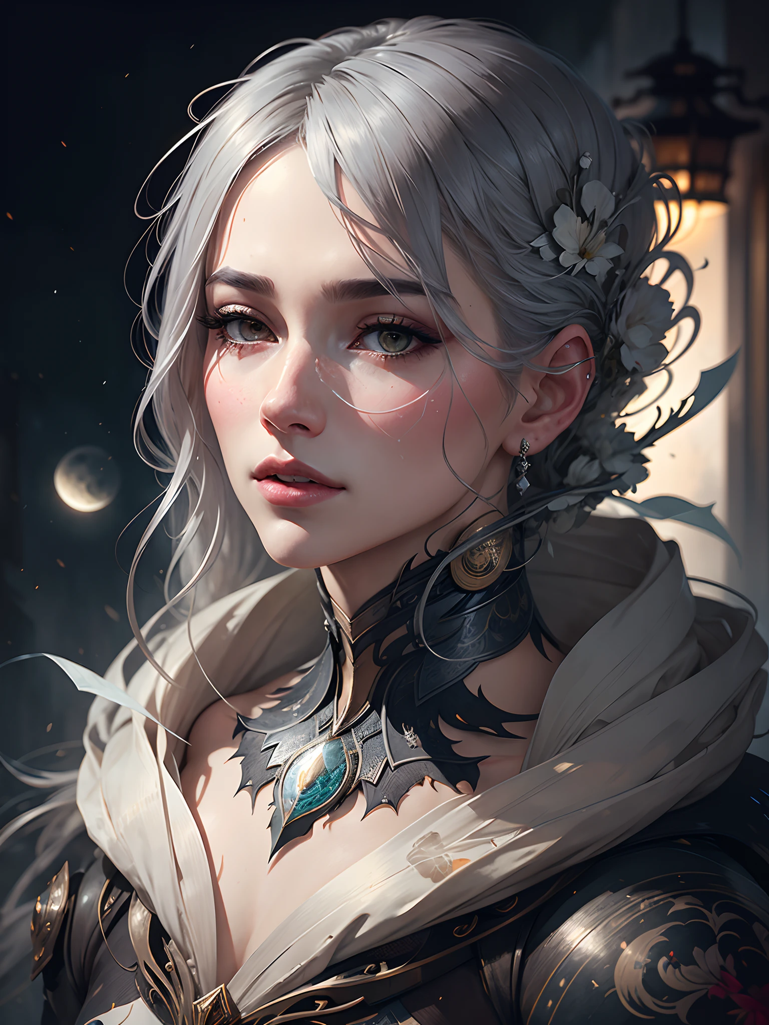 Portrait, Abstract Beauty, Near-Perfection, Delicate Face, Dynamic, Gray Hair, Moonlight, Lantern Bustle, Highly Detailed, Digital Painting, Artstation, Concept Art, Smooth, Sharp Focus, Illustration, Art by Carne Griffiths and Wadim Kashin