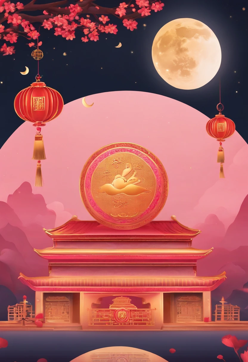 Moon，Moon icon，Two-dimensional style，Mid-Autumn Festival，Moon cake，Gift ribbons，Pink light bar,No Man，No Man