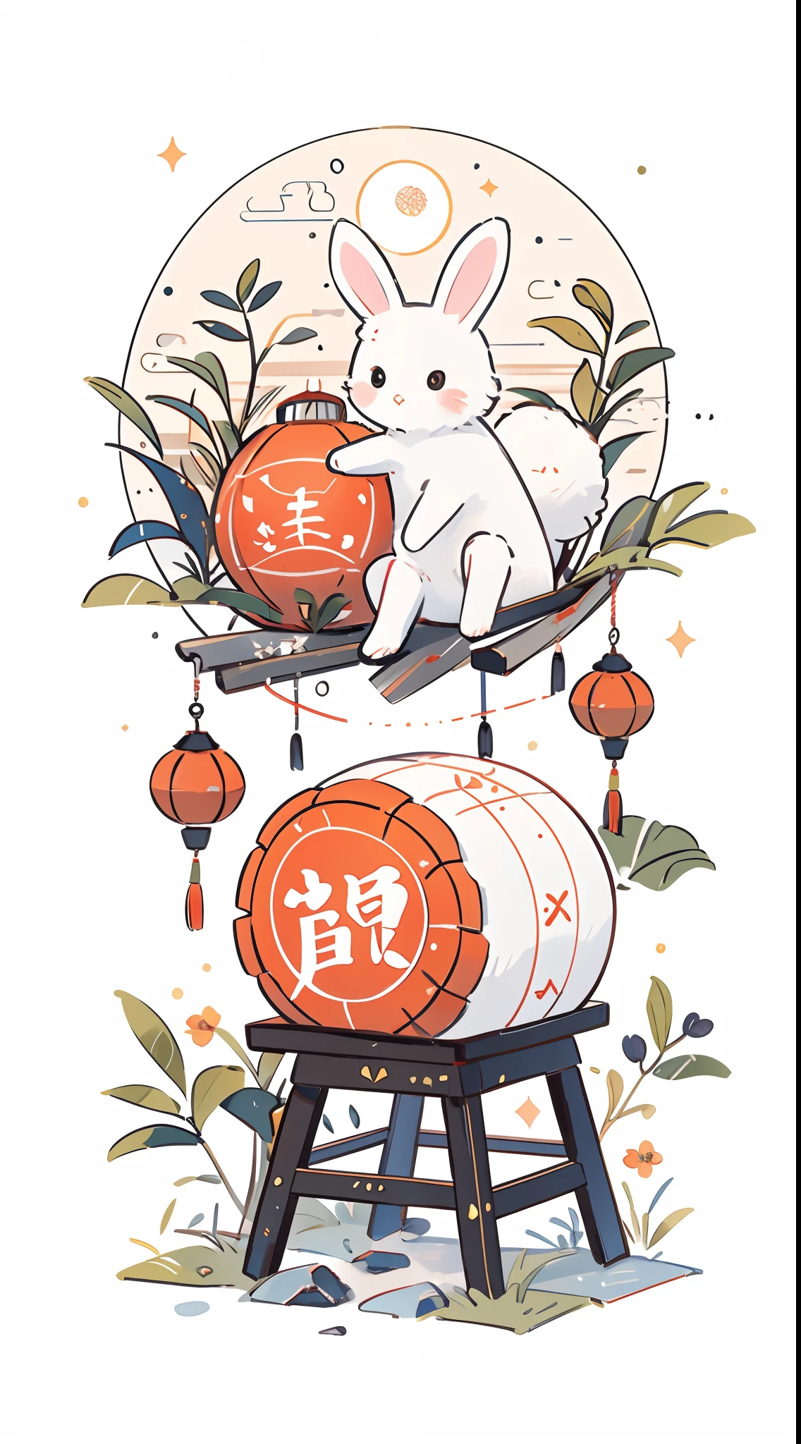 （A rabbit：1.4）, sat on the ground, Looking up, （（Mid-Autumn Festival atmosphere，sweet osmanthus，Kongming Lantern，Meniscus，Moon cake）），（Chinese kanji：1.3），Chinese Traditional illustration style, Digital art, Simple background, Masterpiece on white background, Best quality, Ultra-detailed, High quality, 4K