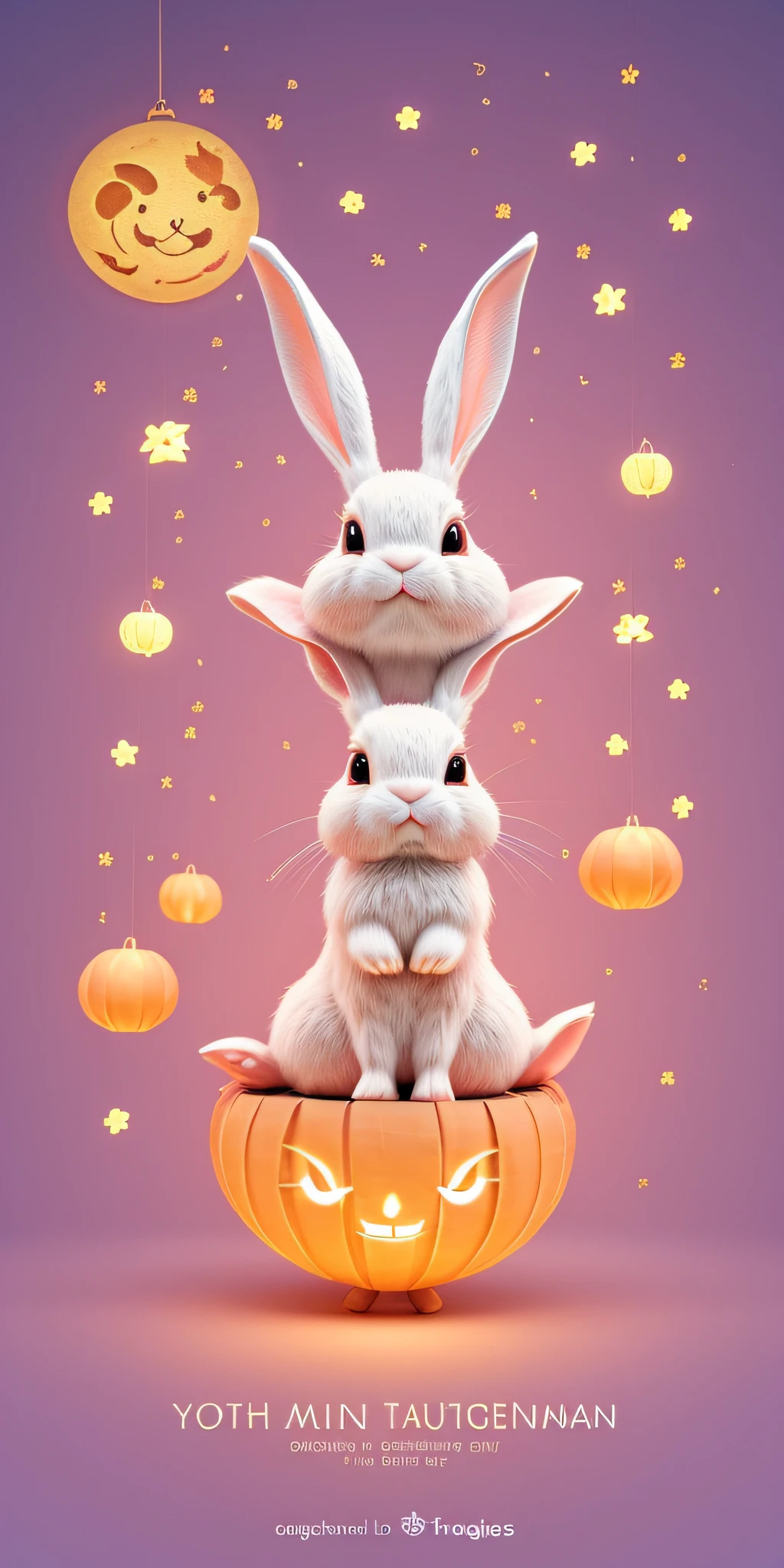 Create a cute and bright cartoon illustration for a Mid-Autumn Festival celebration featuring adorable rabbits.3D art, fine details, rich colors, clay texture, pastel lighting, low angle shot, OC renderer, C4D, best quality, 8K