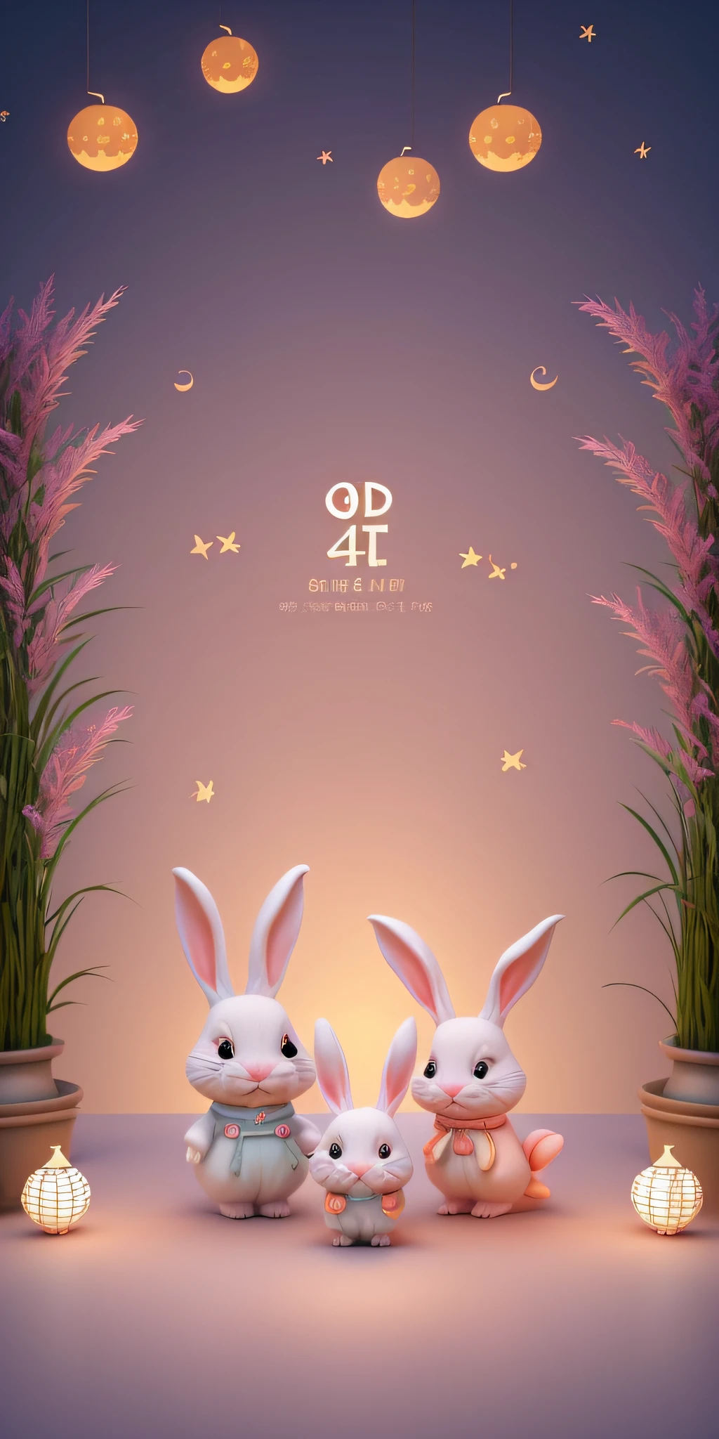 Create a cute and bright cartoon illustration for a Mid-Autumn Festival celebration featuring adorable rabbits.3D art, fine details, rich colors, clay texture, pastel lighting, low angle shot, OC renderer, C4D, best quality, 8K