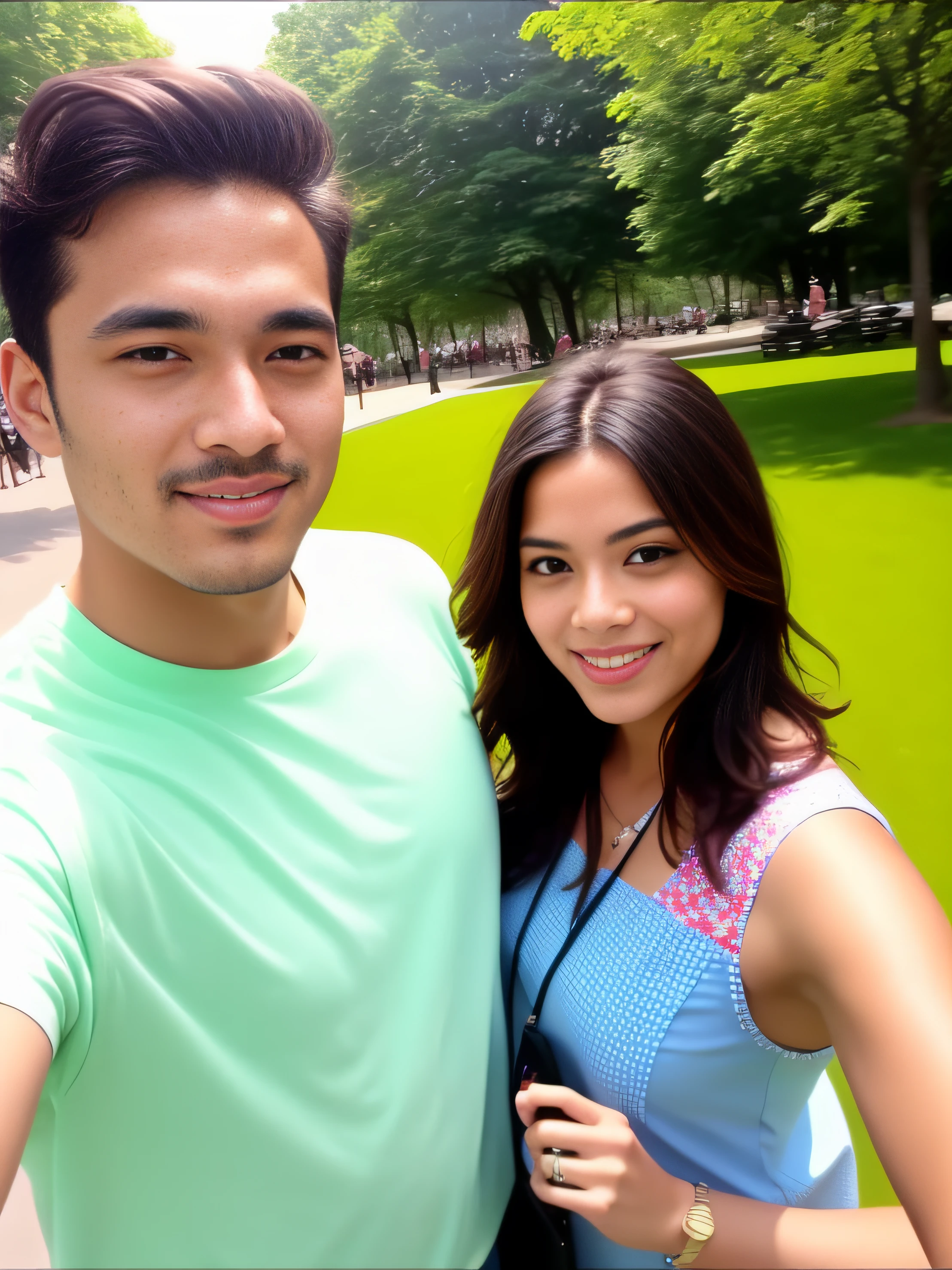 Selfie, a man and woman, park, paparazzi footage, sunny weather, video screenshot, low quality, frame