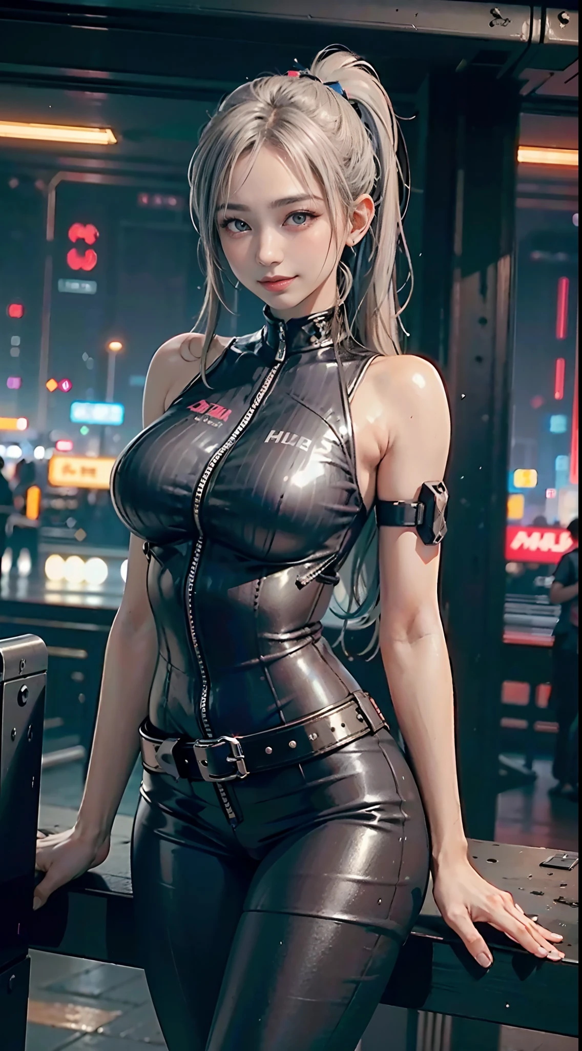 ****ta, smiling, 20 years old, ((best quality)), ((masterpiece)), (high definition:1.3), 3D, beautiful (cyberpunk:1.3), stylish woman looking at camera black leather clothes, sleeveless, embarrassed, waist skin invisible, blue-black leather pants, silver zipper,belt below the waist,super fine illustration,blond hair , showing forehead, silver center zipper, leather blue black bodysuit, sleevelesblue blacks, shiny, blonde ponytail