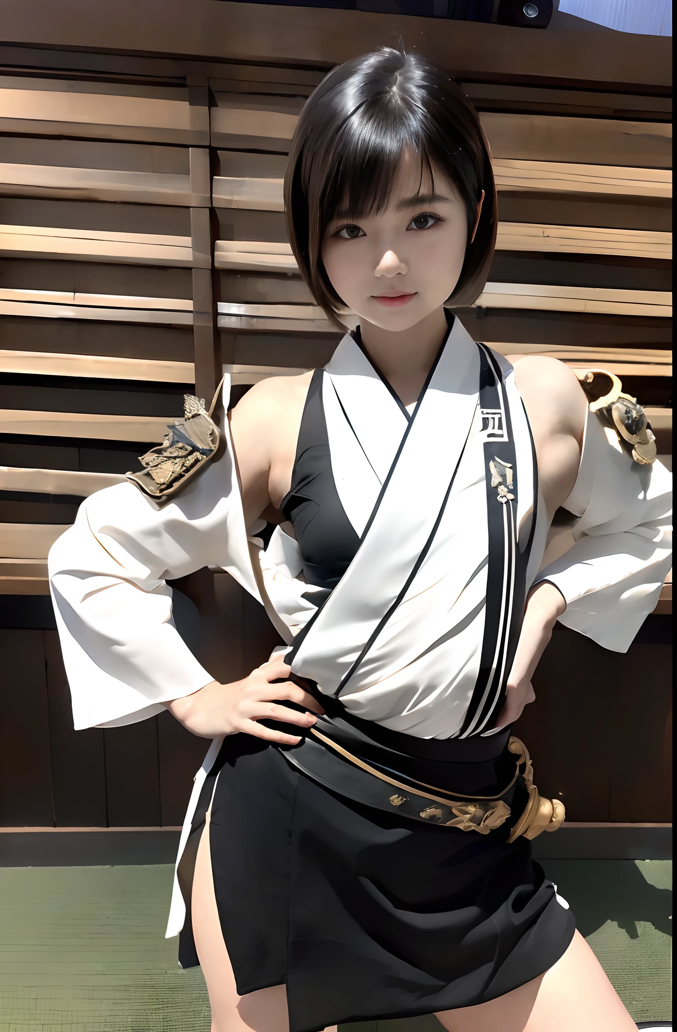 top-quality,masuter piece,8K,ultra-detailliert,真实感, (Perfect face:1.1), (high detailing:1.1),Realistic Girl,独奏,a pixie cut,Super Shorthair,white and black clothing,Standing,(((Japan sword length is 80 cm_Blade length 60cm_Stem 20 cm,Grasp the hilt of the sword with your right hand、Place the blade on your shoulder、The elbow of the right hand is bent 90 degrees、Left hand on hip、The sword was placed on his shoulder:1.5,Japanese Katana Sword,Japan holding a sword))),(((plein air,Grand Canyon:1.5,Vast wilderness,Wasteland))),