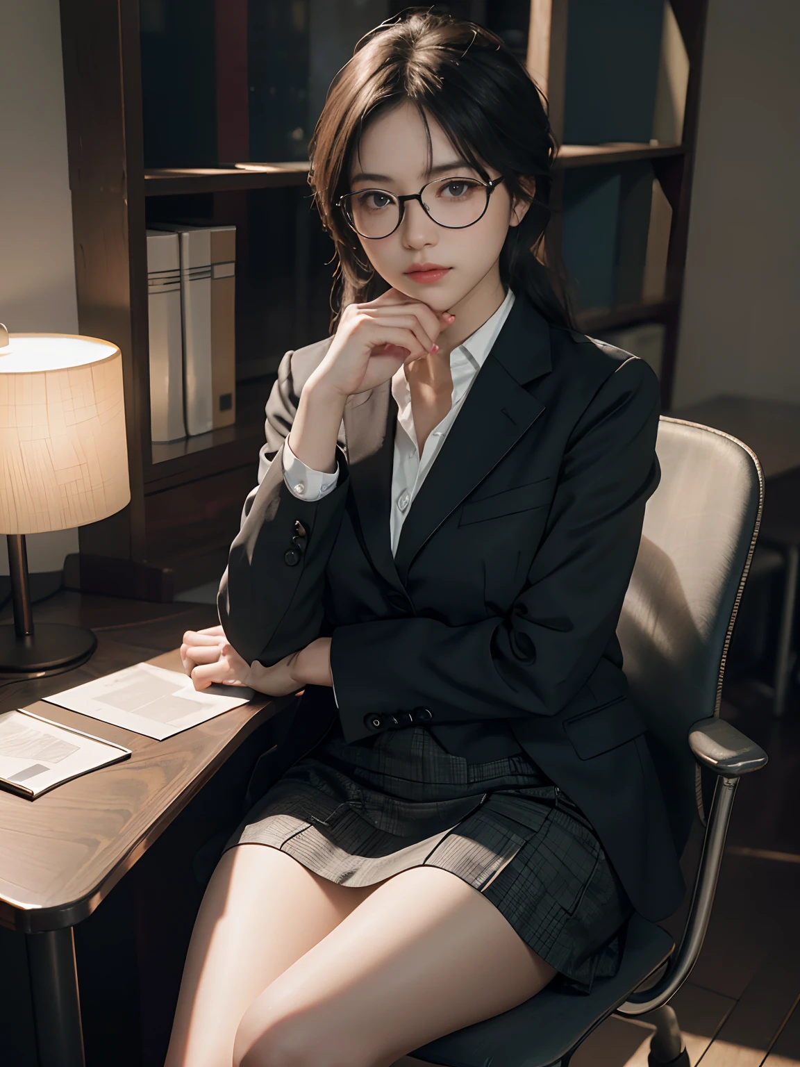 Arafed woman in a suit sitting at a desk with a book - SeaArt AI