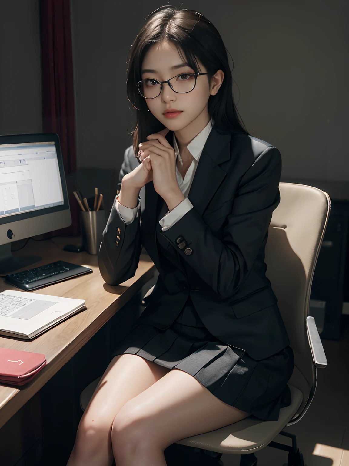 randome pose, (8K, RAW photo, Highest quality, Masterpiece: 1.2), (Realistic, Photorealistic: 1.37), 超高分辨率, (Photoreal: 1.4), RAW photo, 1 girl, cropped shoulders, Bigchest, background is office, Office Lady, Black suit, Suit skirt, Hands on your chin, sit on chair, Legs crossed, Thighs, chirality, Glasses,