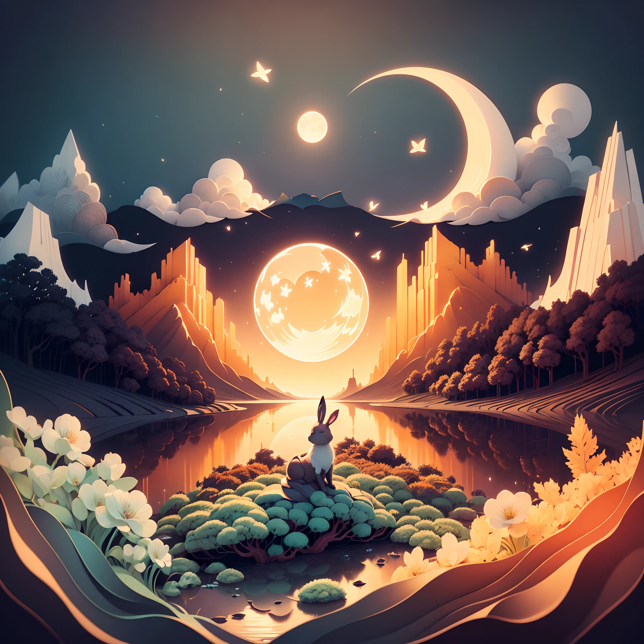 negative space composition,(Best quality,4 k, 8 k, highres, Masterpiece :1.2), lovely Seyoe oil painting, moonlit night scenery, mysterious atmosphere, paper texture, vibrant colors, Japanese traditional art style,(rabbit, cute, close-up: 1.8), bright moonlight, calm expression, peaceful environment, night, autumn, stars in the sky, ethereal, hand-painted details, meticulous brushwork, interesting posture, calm expression, grassy meadow, serene setting, detailed flora, traditional architecture, simple elegance, subtle nuances of light and shadow