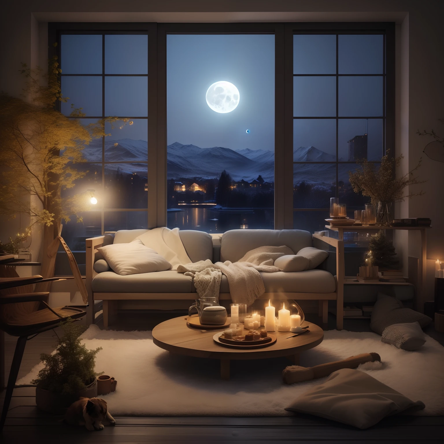 View of Aalfed from the living room with sofa and table, cozy home background, cosy atmoshpere, night with moon and candle, cozy place, cozy and peaceful atmosphere, moonlit night dreamy atmosphere, cosy atmoshpere, at night with full moon, at night with moon light, Cozy atmosphere, cozy and calm, cozy living room background,There are good food on the table