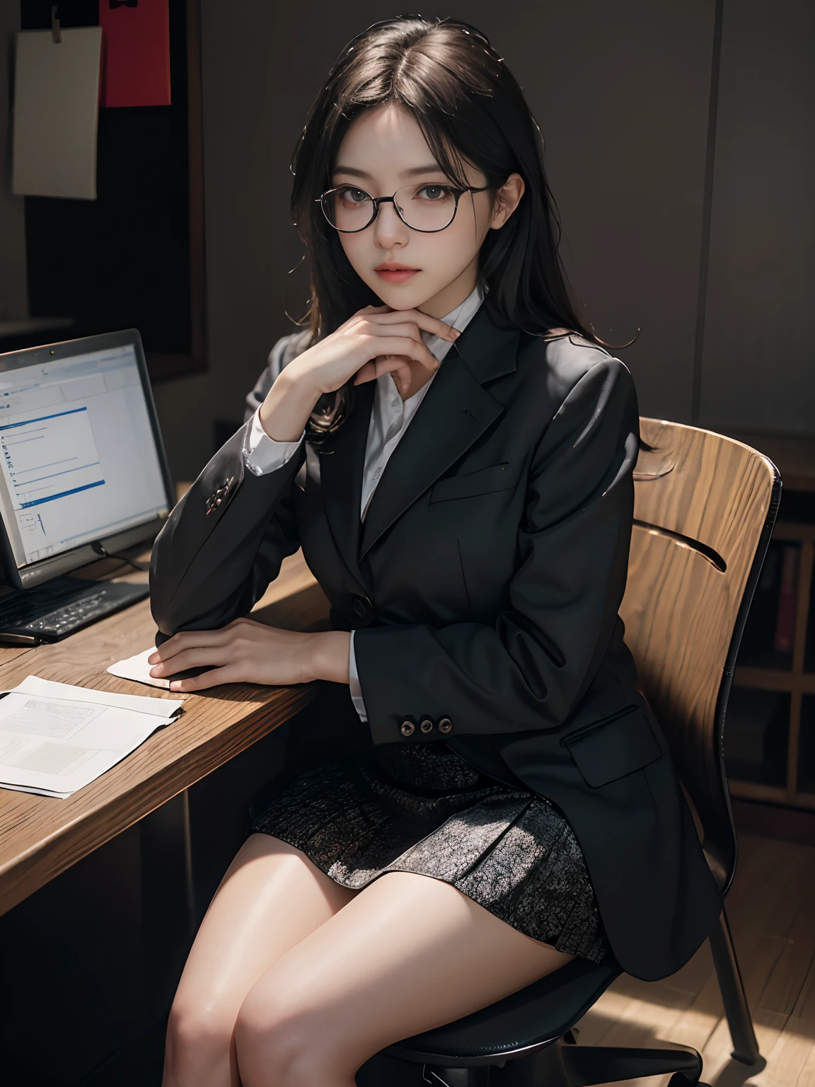 randome pose, (8K, RAW photo, Highest quality, Masterpiece: 1.2), (Realistic, Photorealistic: 1.37), 超高分辨率, (Photoreal: 1.4), RAW photo, 1 girl, cropped shoulders, Bigchest, background is office, Office Lady, Black suit, Suit skirt, Hands on your chin, sit on chair, Legs crossed, Thighs, chirality, Glasses,