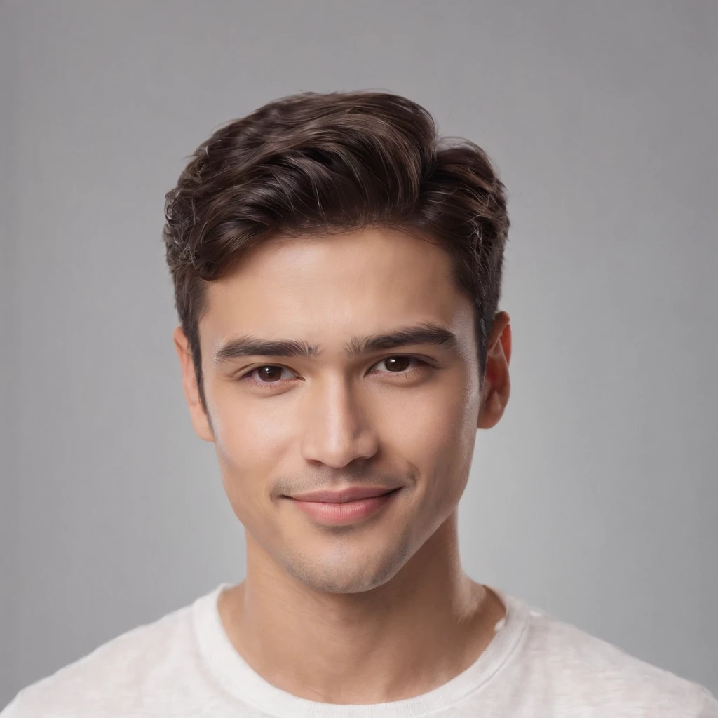 (photo: 1.3) af (realism: 1.3), (Hispanic), Latino man profile, (frontal close-up), soft light, clear face, happy, cheerful, warm light, white T-shirt, (off-white background), (blank background), ((gray wall background)) avatar, (short hair), smile, handsome, young,, short hair, smile, (close-up)