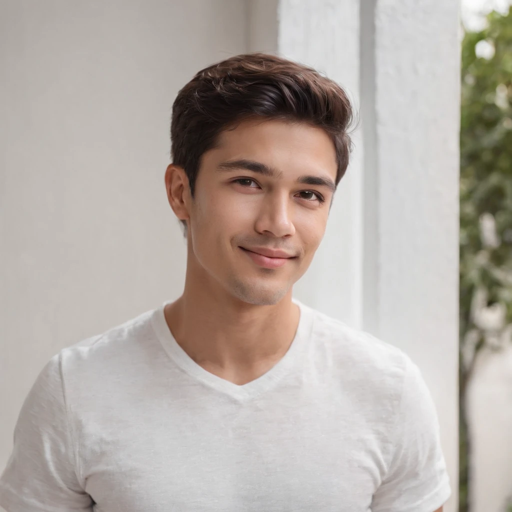 (photo: 1.3) af (realism: 1.3), (Hispanic), Latino man profile, (frontal close-up), soft light, clear face, happy, cheerful, warm light, white T-shirt, (off-white background), (blank background), ((gray wall background)) avatar, (short hair), smile, handsome, young,, short hair, smile, (close-up)