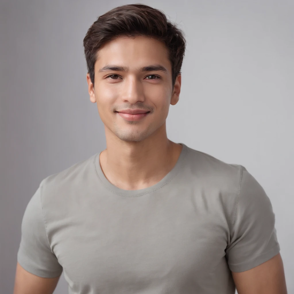(photo: 1.3) af (realism: 1.3), (Hispanic), Latino man profile, (frontal close-up), soft light, clear face, happy, cheerful, warm light, white T-shirt, (off-white background), (blank background), ((gray wall background)) avatar, (short hair), smile, handsome, young,, short hair, smile, (close-up)