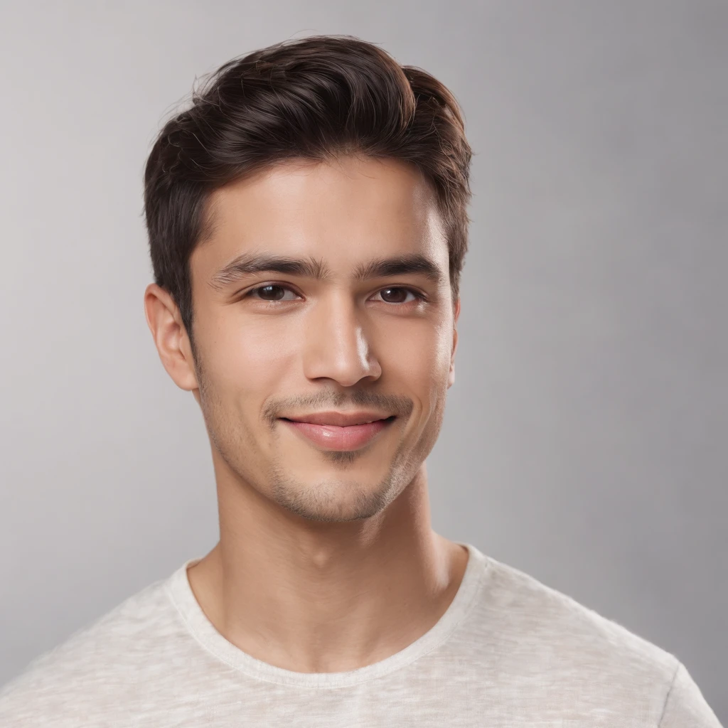 (photo: 1.3) af (realism: 1.3), (Hispanic), Latino man profile, (frontal close-up), soft light, clear face, happy, cheerful, warm light, white T-shirt, (off-white background), (blank background), ((gray wall background)) avatar, (short hair), smile, handsome, young,, short hair, smile, (close-up)