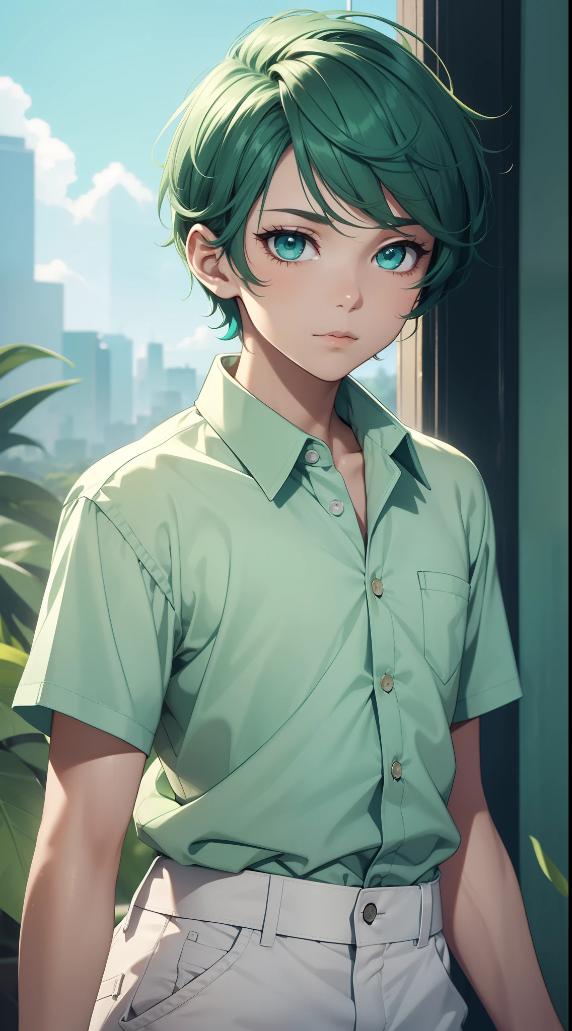 young boy, short turquoise hair, high ponytail, Green eyes, White beautiful shirt, pants, brushes, Masterpiece, hiquality, 4k, HD, Good detail