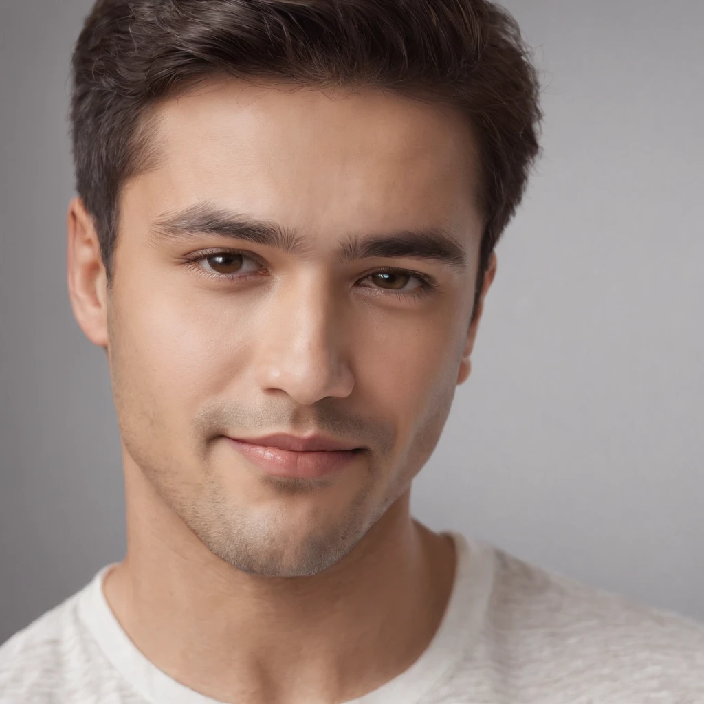 (photo: 1.3) af (realism: 1.3), (Hispanic), Latino man profile, (frontal close-up), soft light, clear face, happy, cheerful, warm light, white T-shirt, (off-white background), (blank background), ((gray wall background)) avatar, (short hair), smile, handsome, young,, short hair, smile, (close-up)