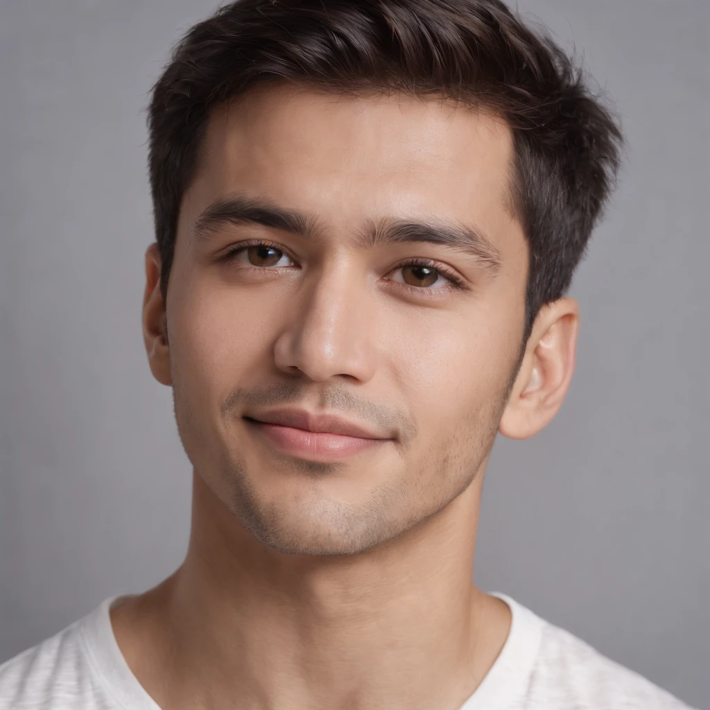 (photo: 1.3) af (realism: 1.3), (Hispanic), Latino man profile, (frontal close-up), soft light, clear face, happy, cheerful, warm light, white T-shirt, (off-white background), (blank background), ((gray wall background)) avatar, (short hair), smile, handsome, young,, short hair, smile, (close-up)