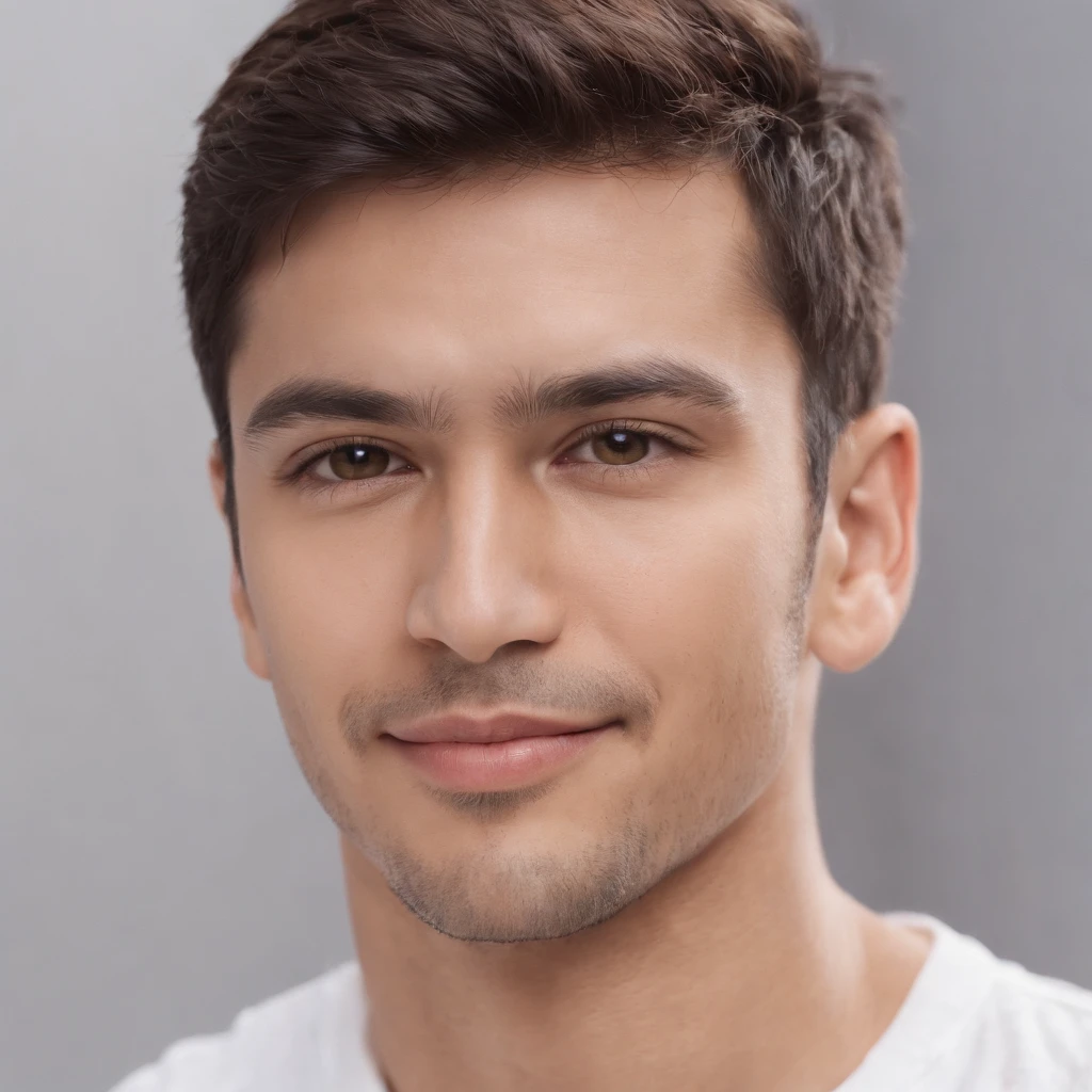 (photo: 1.3) af (realism: 1.3), (Hispanic), Latino man profile, (frontal close-up), soft light, clear face, happy, cheerful, warm light, white T-shirt, (off-white background), (blank background), ((gray wall background)) avatar, (short hair), smile, handsome, young,, short hair, smile, (close-up)