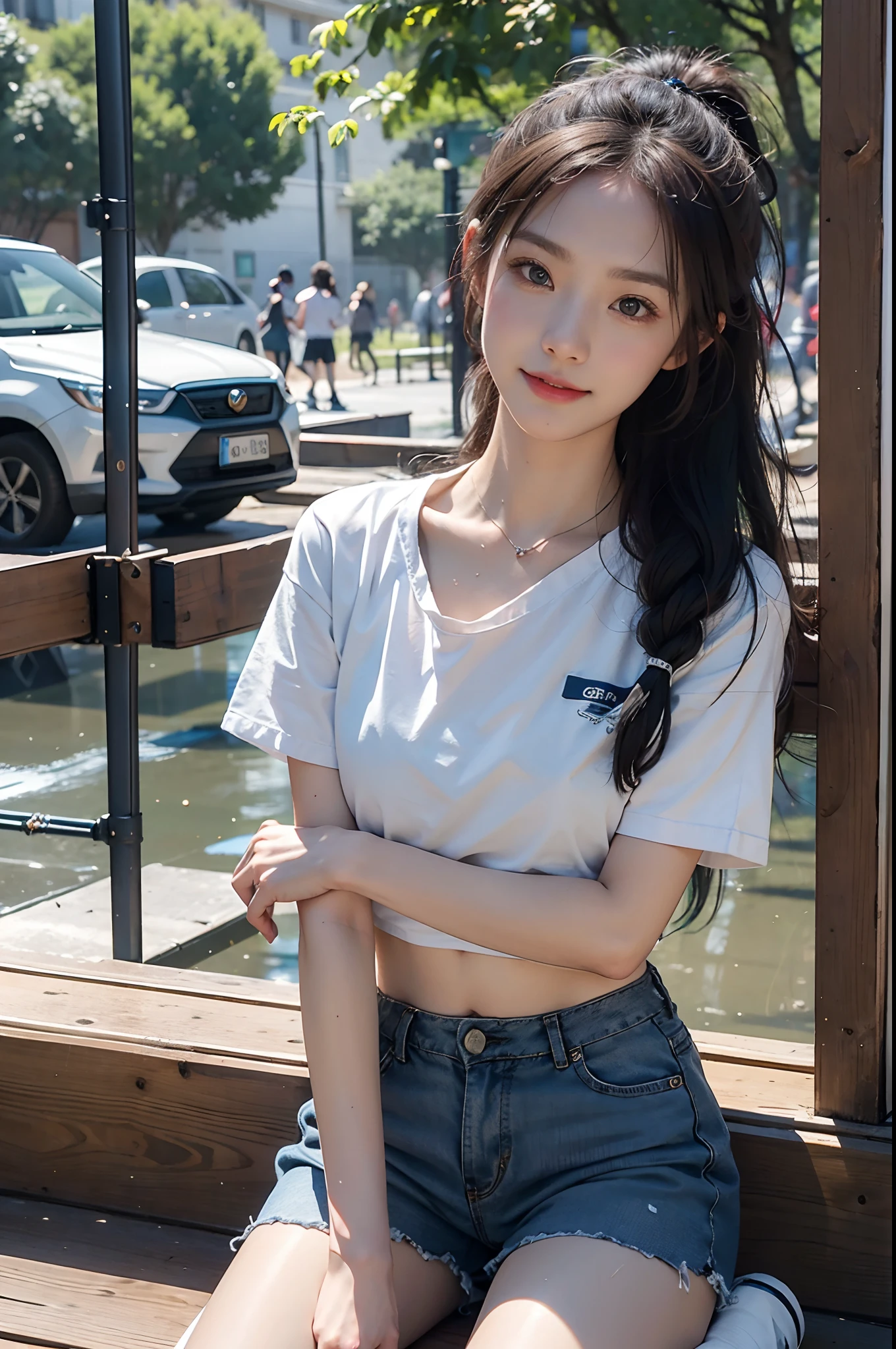 one-girl,Kneeling on the playground after school,((with whole body visible)),far from viewer。
She is a beauty,prette,adolable,adolable,年轻,Teenage uncensored。
She was sweating,Wet pubic hair,drenched all over the body。clothes see-through,Sweat on the skin,Wet hair。
She grinned,Laughing。She looks natural,unwind,Plain。
Scheming face。Grimacing。(Stick out her tongue),Tell a secret,Hide a secret,is shy,exhilarated。
She stared at the audience。
She wears a black ponytail。
she wears a school uniform,A rolled up white shirt with a blue collar,Wear a colored corduroy sports bra under the shirt,blue short pants,Wear two layers。
Shirtlift,.((((She lifted her shirt,Reveal the sports bra underneath)))。
The camera focuses on her face,light shining on face,Very large aperture,((f/1.2)),with a shallow depth of field,The background lens is blurry strongly,ISO 3000,automatic white balance,
extremely detaile,profesional lighting,the soft light,RAW photogr,Uniqlo fashion model,
best qualtiy, tmasterpiece, Award-winning photography, hugefilesize, 8k, A high resolution,
Shot on a Sony DSLR。