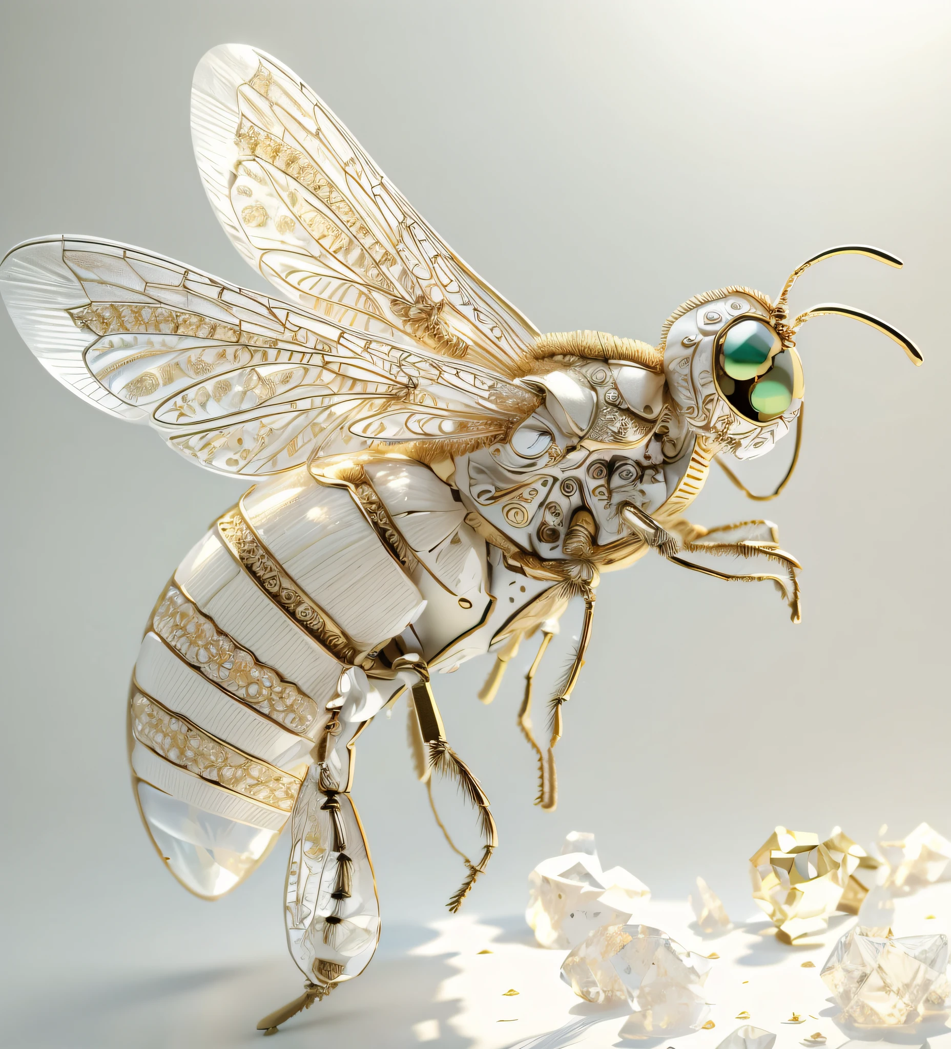 (white clean background),No Man,Photorealistic,insects,Sculpture made of gold/crystal,