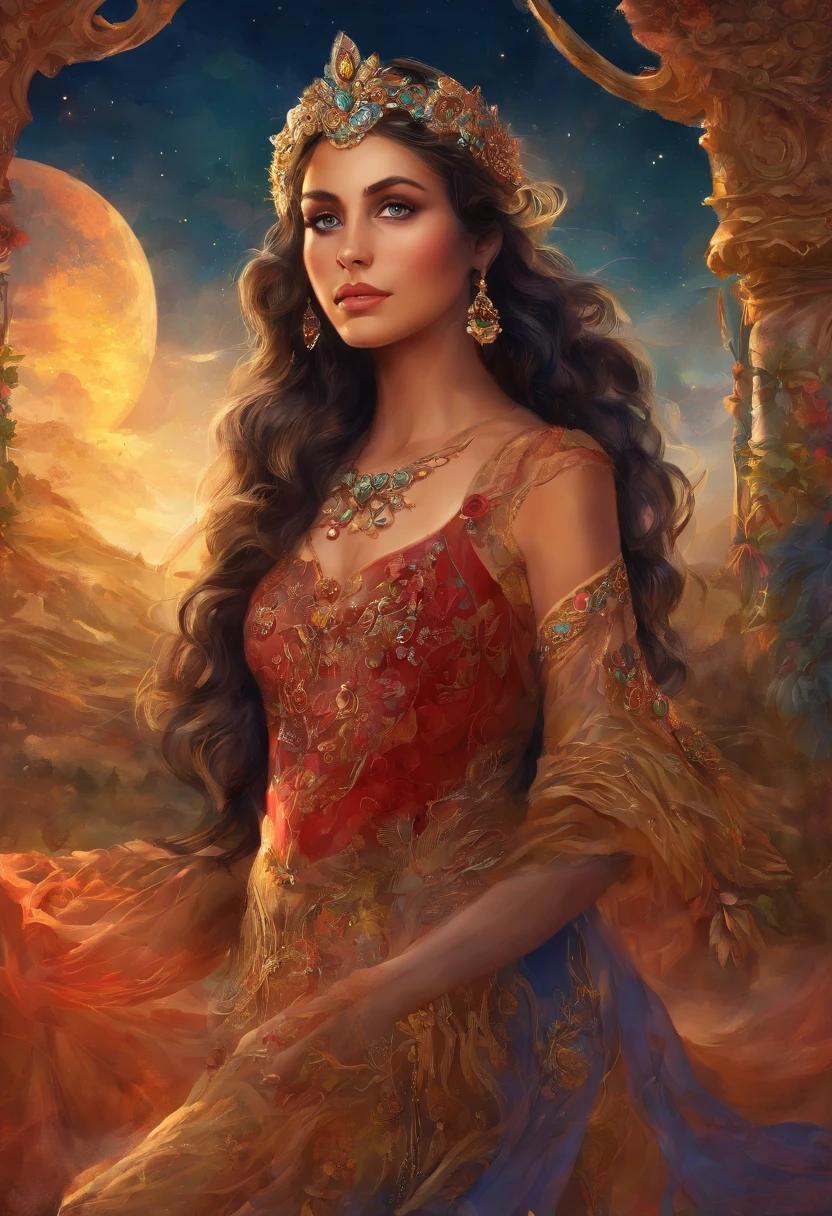 An 8K high-definition portrait of a beautiful gypsy woman, princesa persa, Deusa afrodite, uma deusa de beleza fenomenal, a mais bela das mulheres, mulher iraniana de estrema beleza,((tiro de todo o corpo)),(( com longos cabelos cacheados)), ((vestido longo vermelho e preto e detalhes em dourado )), mulher com magia cigana, ((uma bela cigana de cabelos cacheados, libidinosa)), In the background a beautiful landscape of Seville in Spain with full moon and sky with Milky Way, era vitoriana, uma Rainha bela e jovem, filmic grain, Ilford HP5, 80mmDeusa do Mar, Deusa do Oceano, Luthien, arte de deusa, Deusa da mitologia grega, Deusa da Lua, Deusa do amor e da paz, deusa bonito, Mitologia do Deusa da Terra, Um retrato impressionante de um deusa, Frank Kelly Freas, Estilo Karol Bak, ((beautiful face)), Ultra Definition, melhor qualidade, 32k ultra | | | | | | | | | | | | | | | | | | | | | | | | | | | | | | | | | | | | | | | | | | | | | | | | | | | | | | | | | | | | | | | | | | | | | | | | | | | | | | | | | | | | | |, Ultra HD | | | | | | | | | | | | | | | | | | | | | | | | | | | | | | | | | | | | | | | | | | | | | | | | | | | | | | | | | | | | | | | | | | | | | | | | | | | | | | | | | | | | | | | | | | | | | | | | | | | | | | | | | | | | |