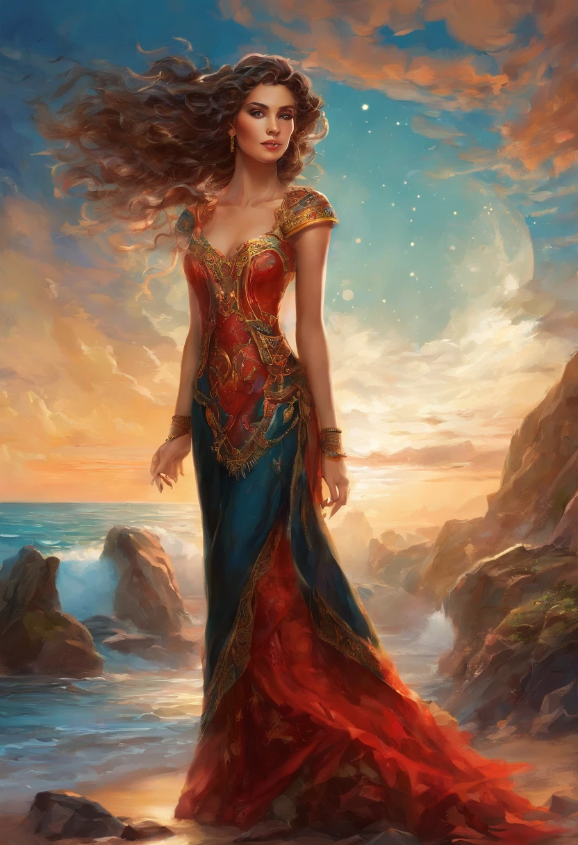 (absurderes, high resolution, ultra detaild), 1 girl, Zodiac sign - Goddess of Aries , standing alone, mellow, Baroque, long robe, longsleeve, chic, colorfully, More Detailed, trunk , sunset hair . fiery eyes . Coraggioso, intentional, productive, Enterprising Humanitarian Face .