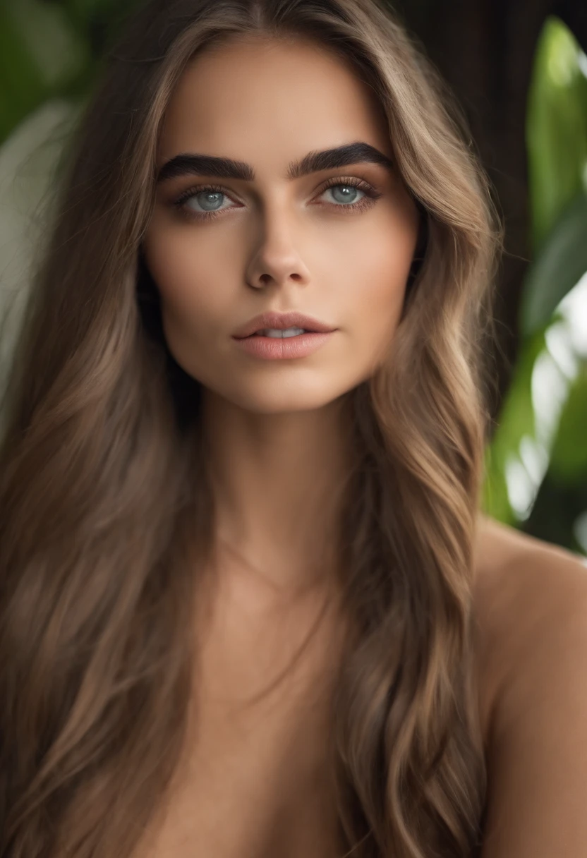 Arafed mulher completamente ,  com olhos verdes, Ultra realista, meticulosamente detalhado, Retrato Cara Delevingne, cabelos brancos, cabelo platinado, cabelo grisalho e olhos grandes, selfie de uma jovem mulher, Camera eyes, Violeta Myers, sem maquiagem, Maquiagem natural, staring directly at camera, Rosto com Artgram, Maquiagem sutil, Grande foto de todo o corpo ajoelhado na cama, no quarto, Medium to large bust, semblante tranquilo e muito bela